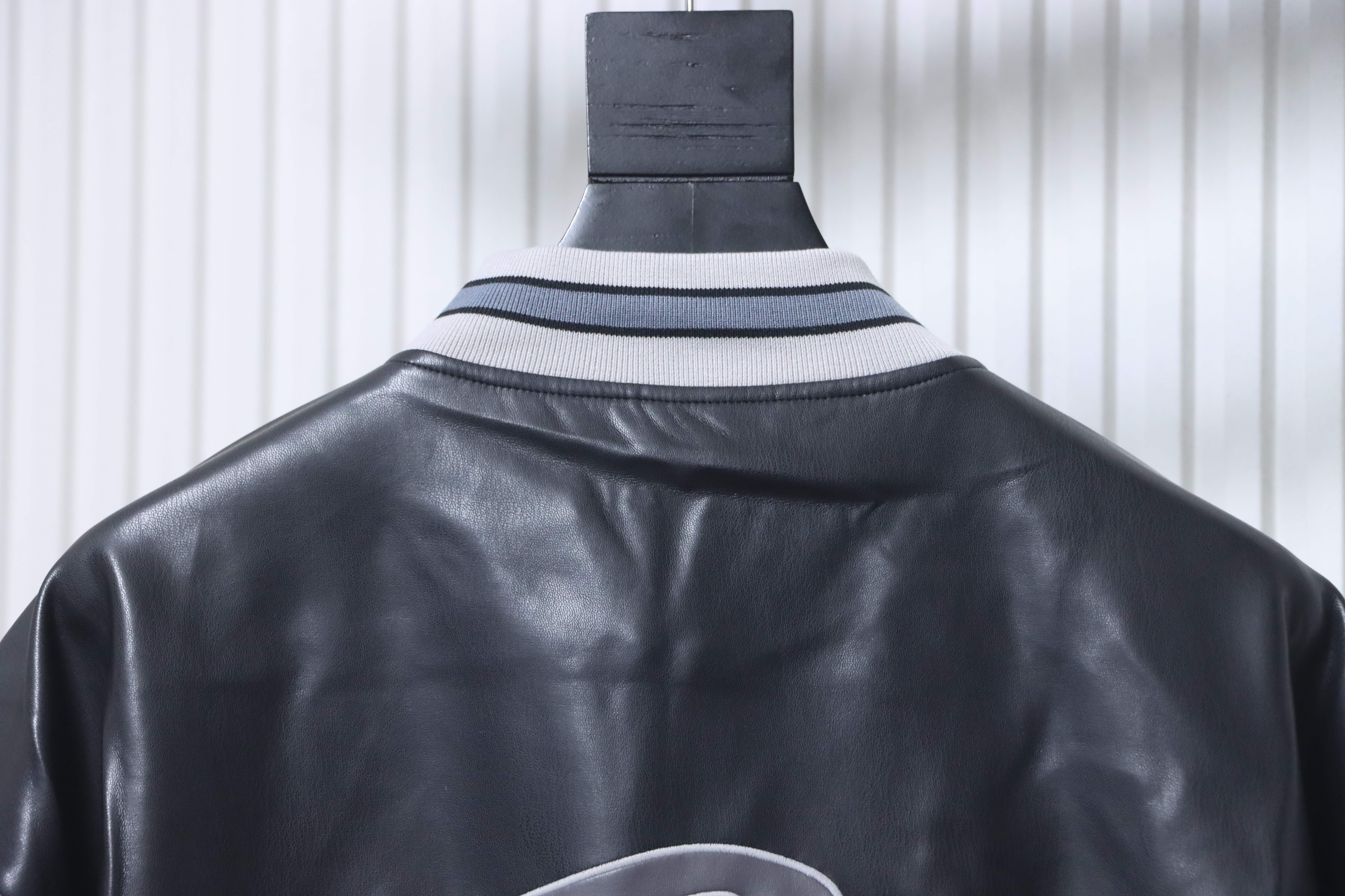 Balenciaga 26SS 3M Embroidered Black Manchester United Baseball Flight Leather Jacket