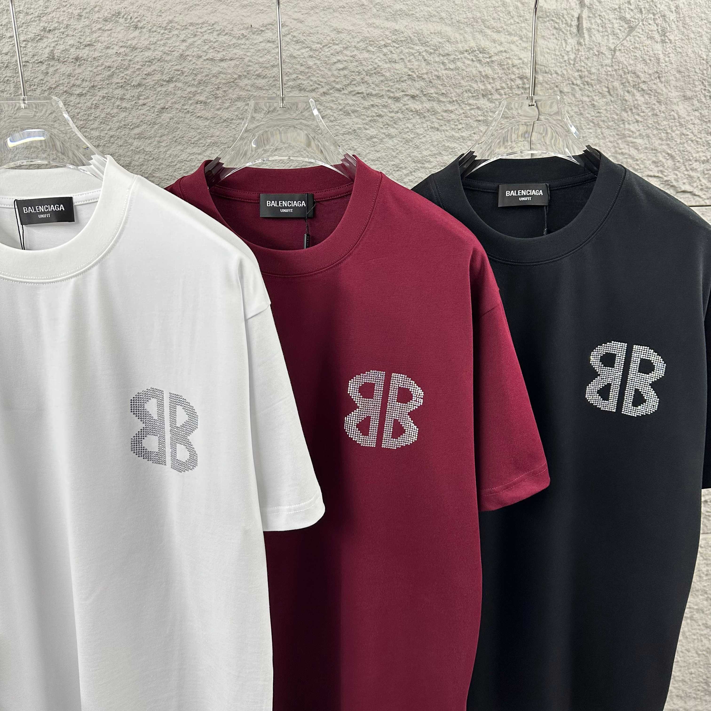 Balenciaga Red 26SS Spring/Summer New Classic 3D Rhinestone Custom Double-Yarn T-shirt H140