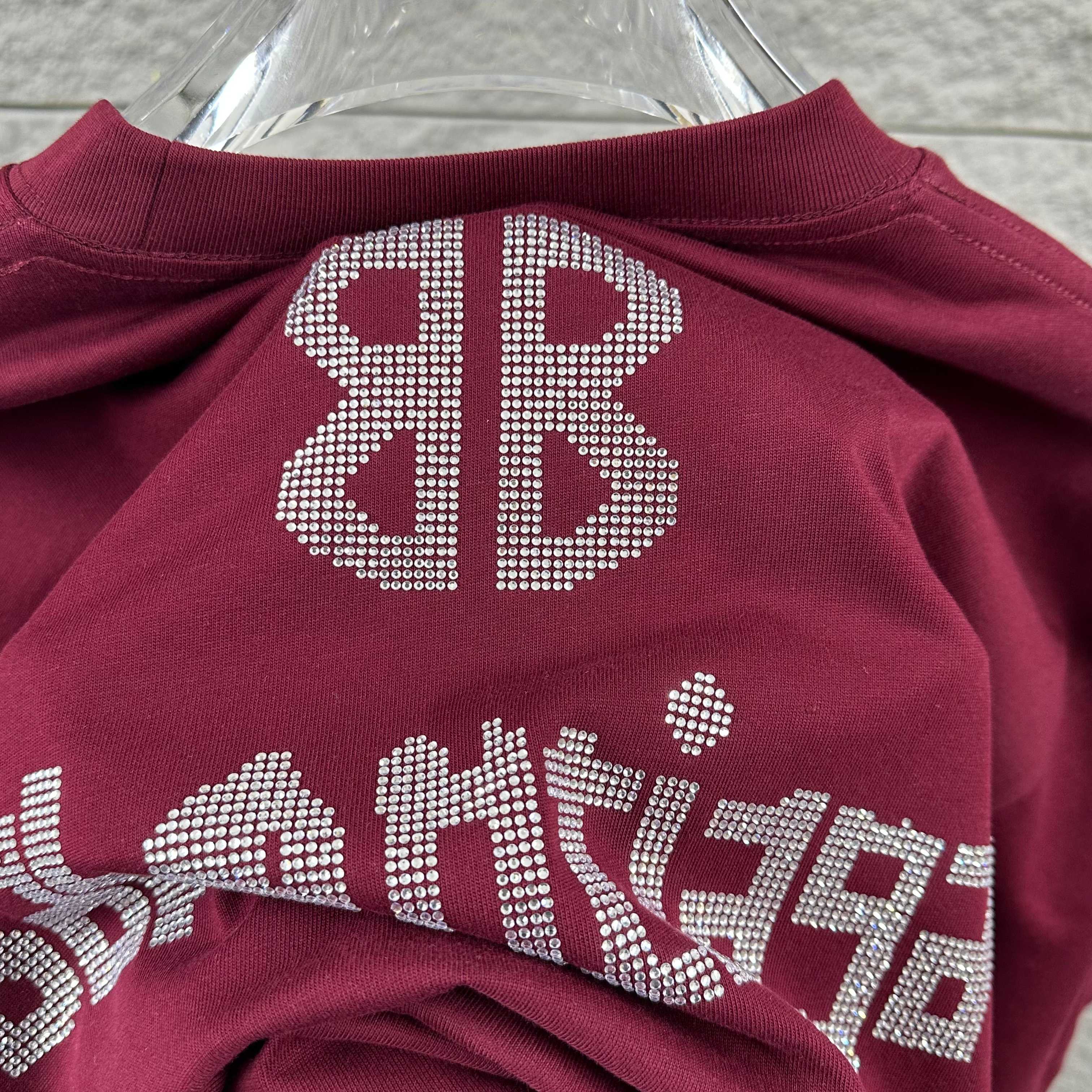 Balenciaga Red 26SS Spring/Summer New Classic 3D Rhinestone Custom Double-Yarn T-shirt H140