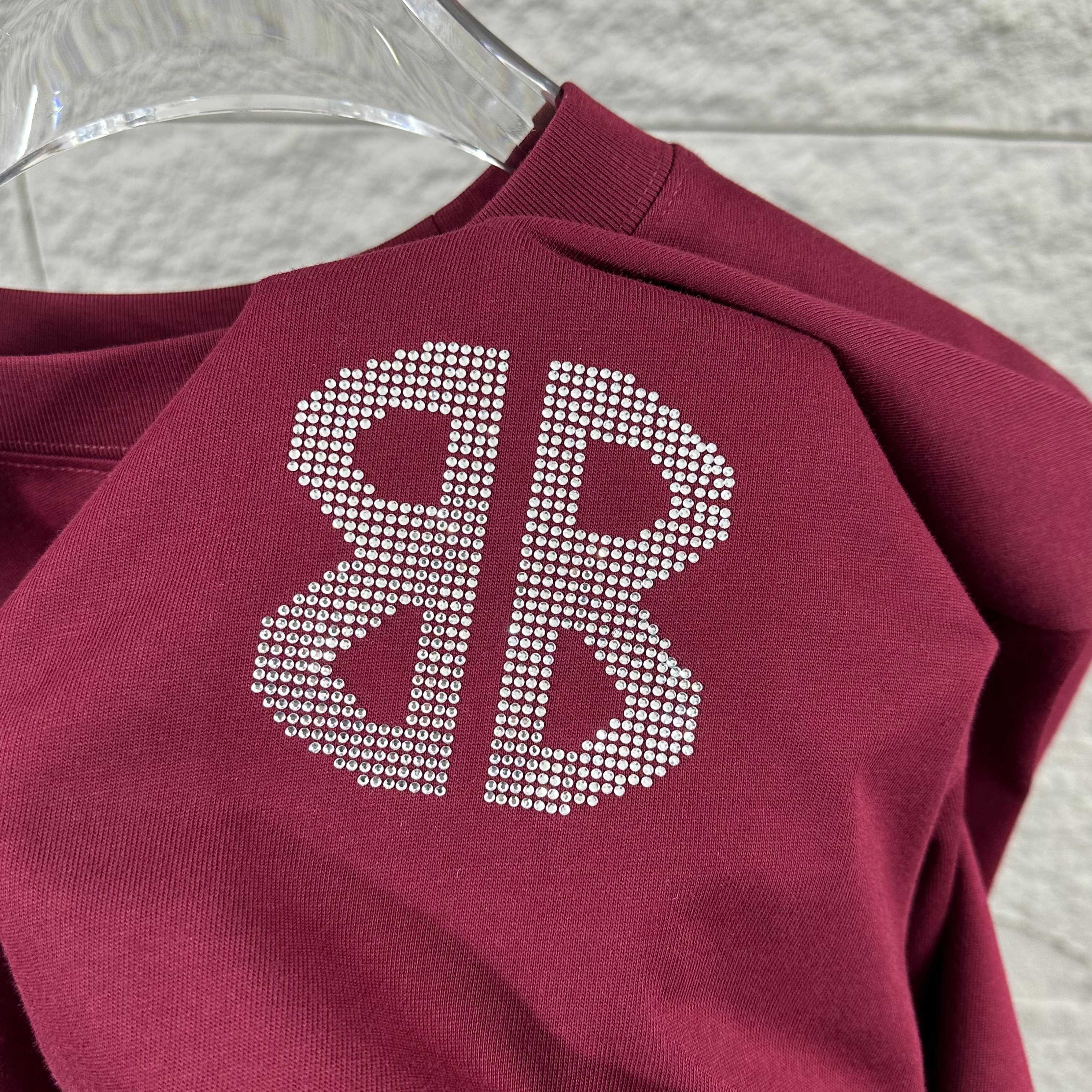 Balenciaga Red 26SS Spring/Summer New Classic 3D Rhinestone Custom Double-Yarn T-shirt H140