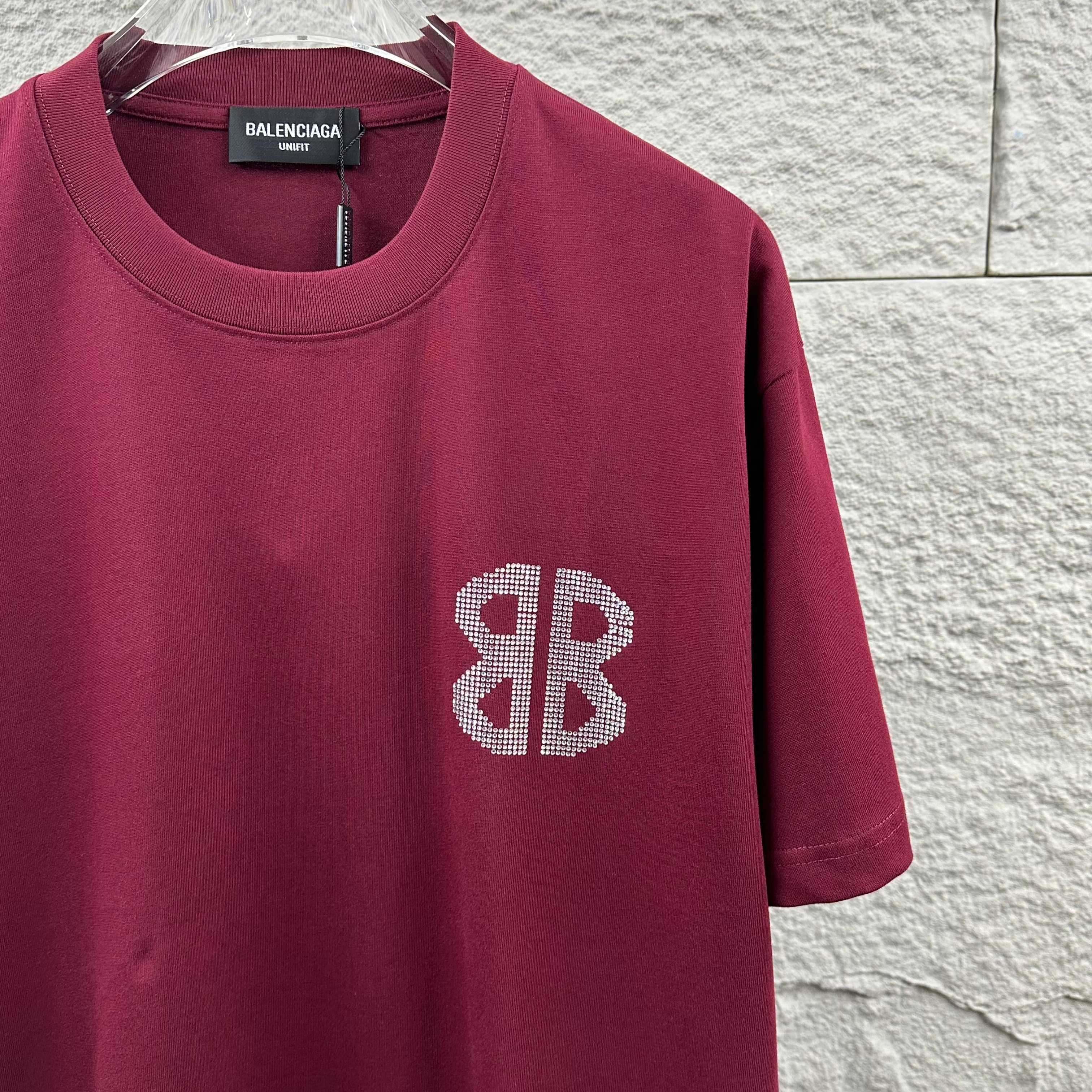 Balenciaga Red 26SS Spring/Summer New Classic 3D Rhinestone Custom Double-Yarn T-shirt H140