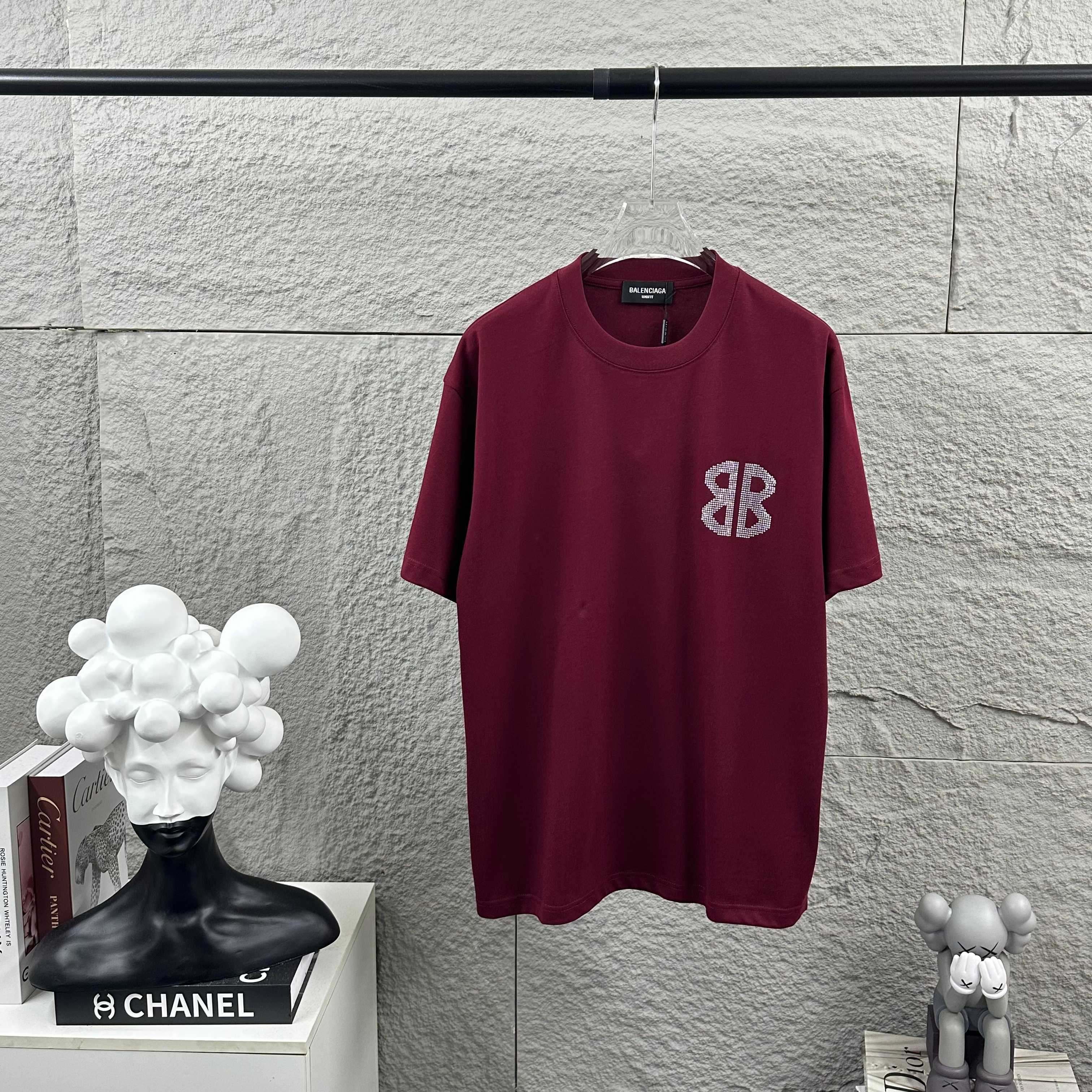 Balenciaga Red 26SS Spring/Summer New Classic 3D Rhinestone Custom Double-Yarn T-shirt H140