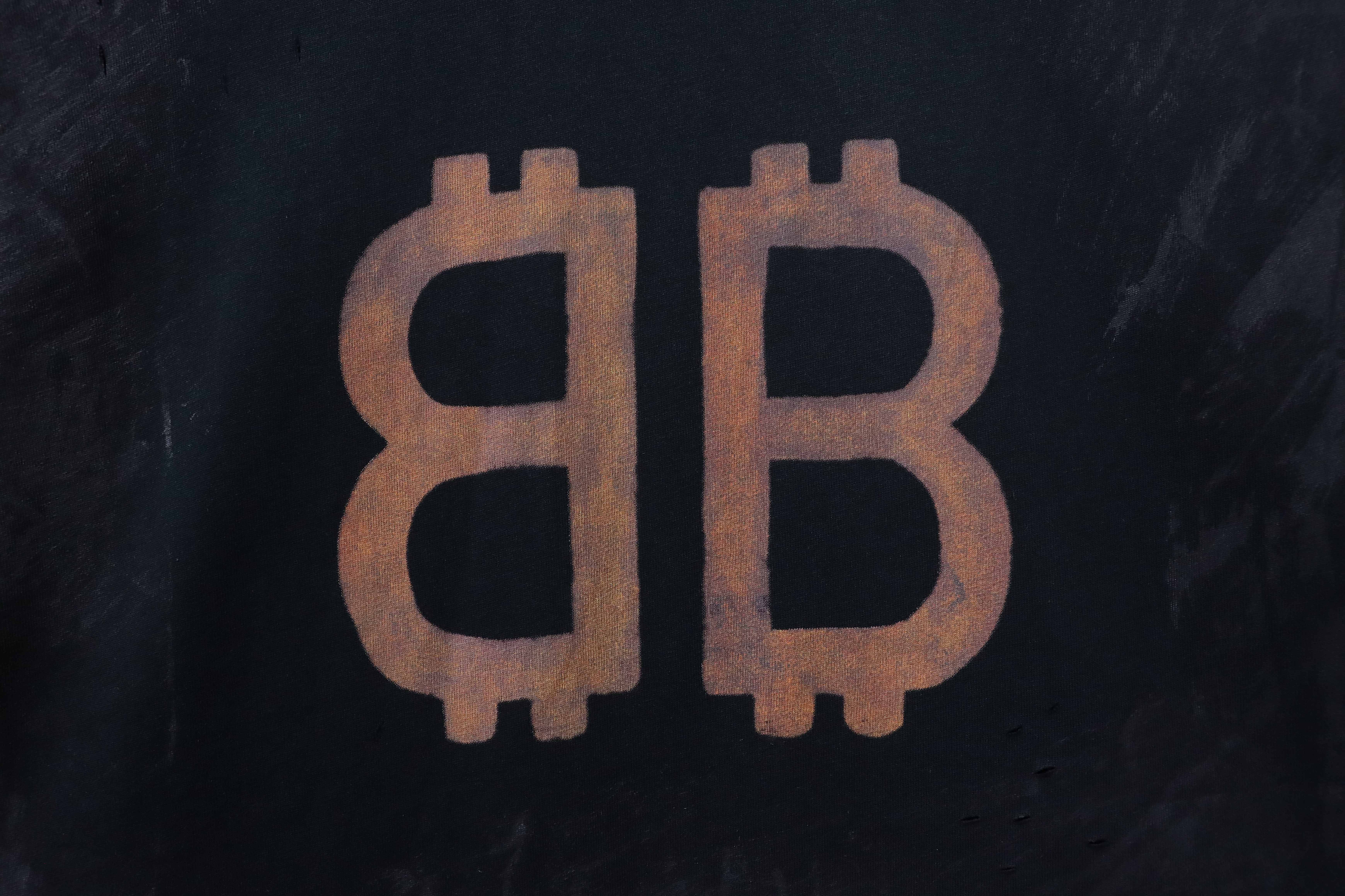 Balenciaga Black Front and Back Double-B Vintage Cement Hand-Drawn Bitcoin T-shirt h190