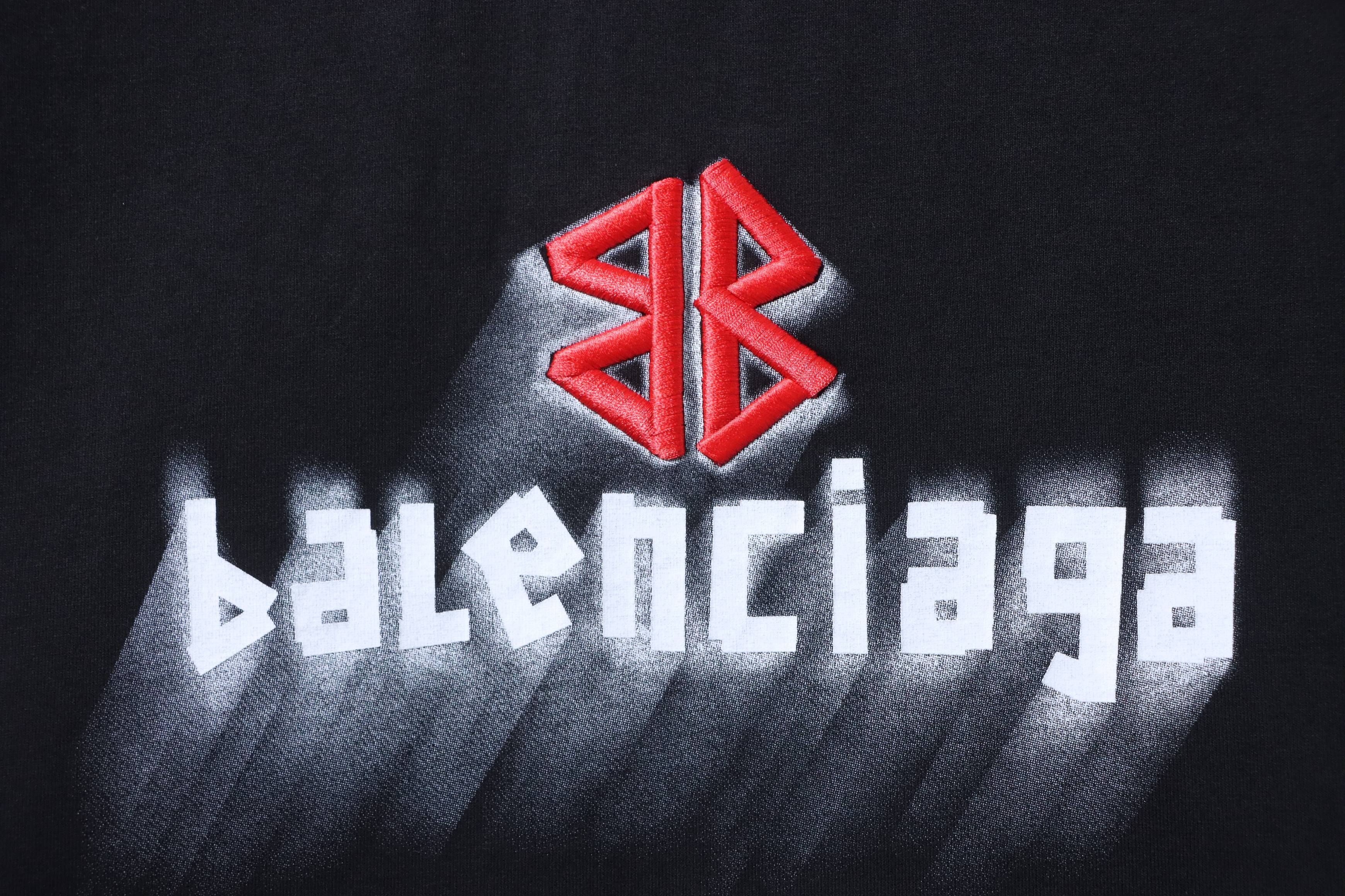 Balenciaga Black 25SS Double-B Embroidered 3D Shadow Inkjet Logo Distressed T-shirt h140