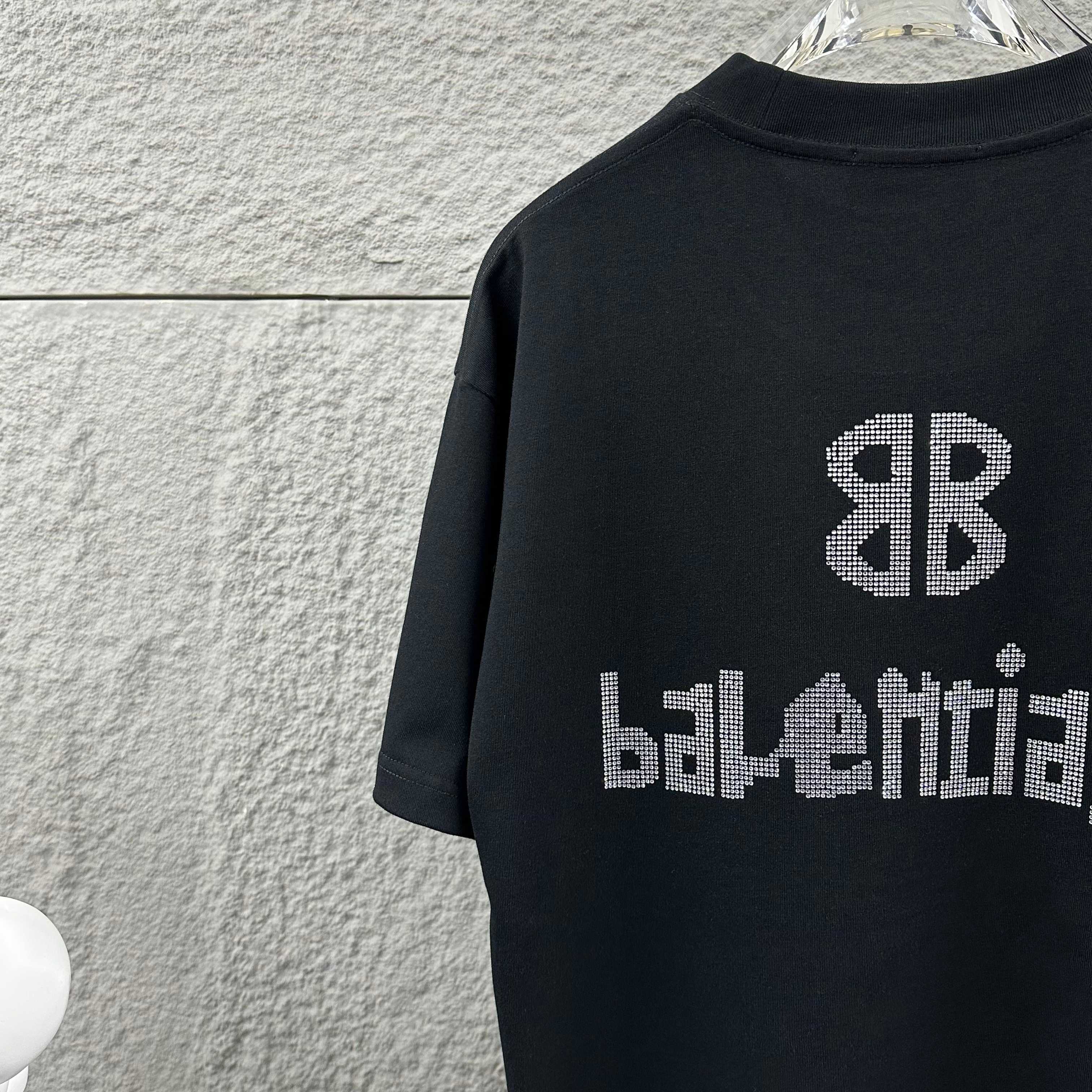 Balenciaga Black 26SS Spring/Summer New Classic 3D Rhinestone Custom Double-Yarn T-shirt H140