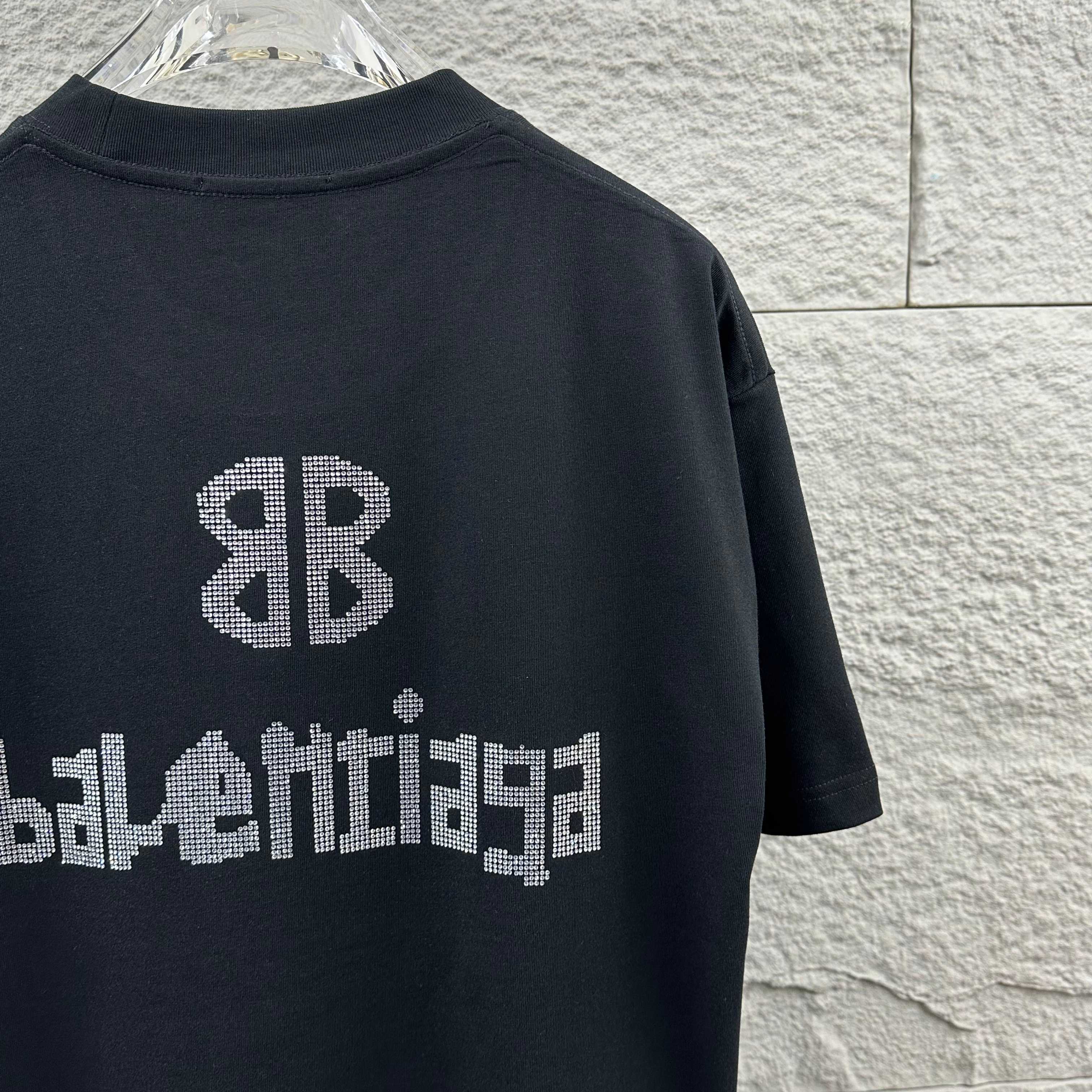 Balenciaga Black 26SS Spring/Summer New Classic 3D Rhinestone Custom Double-Yarn T-shirt H140
