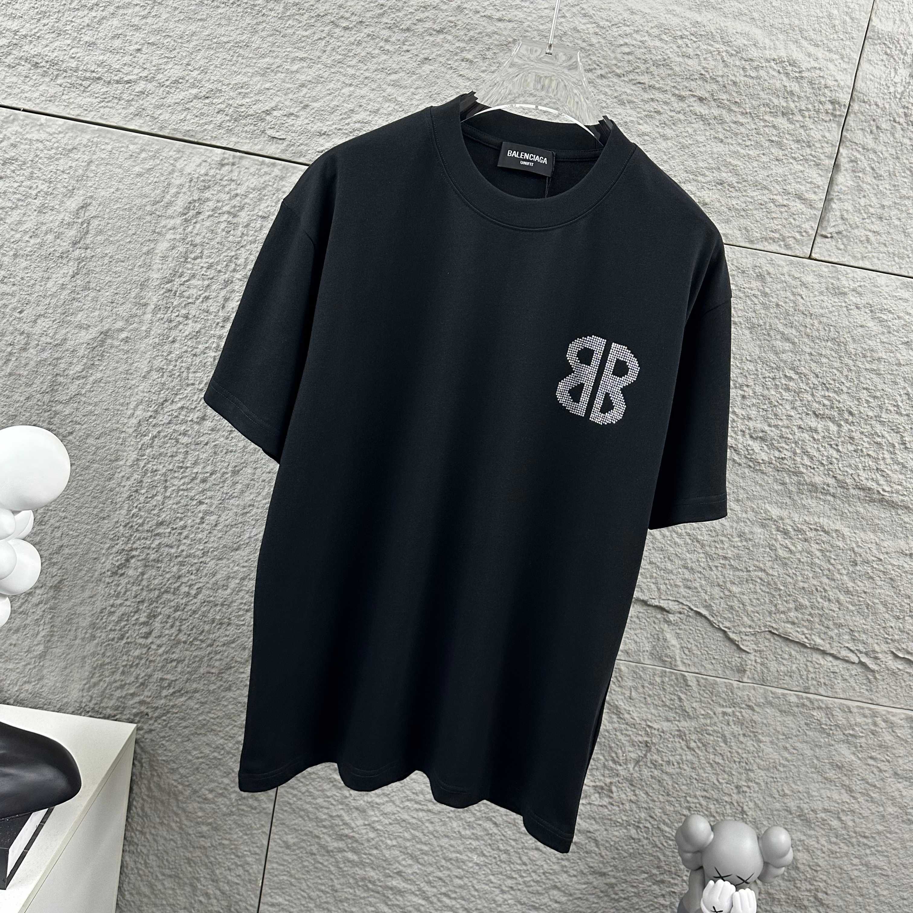 Balenciaga Black 26SS Spring/Summer New Classic 3D Rhinestone Custom Double-Yarn T-shirt H140