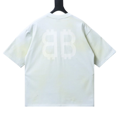 Balenciaga White Front and Back Double-B Vintage Cement Hand-Drawn Bitcoin T-shirt h190 02