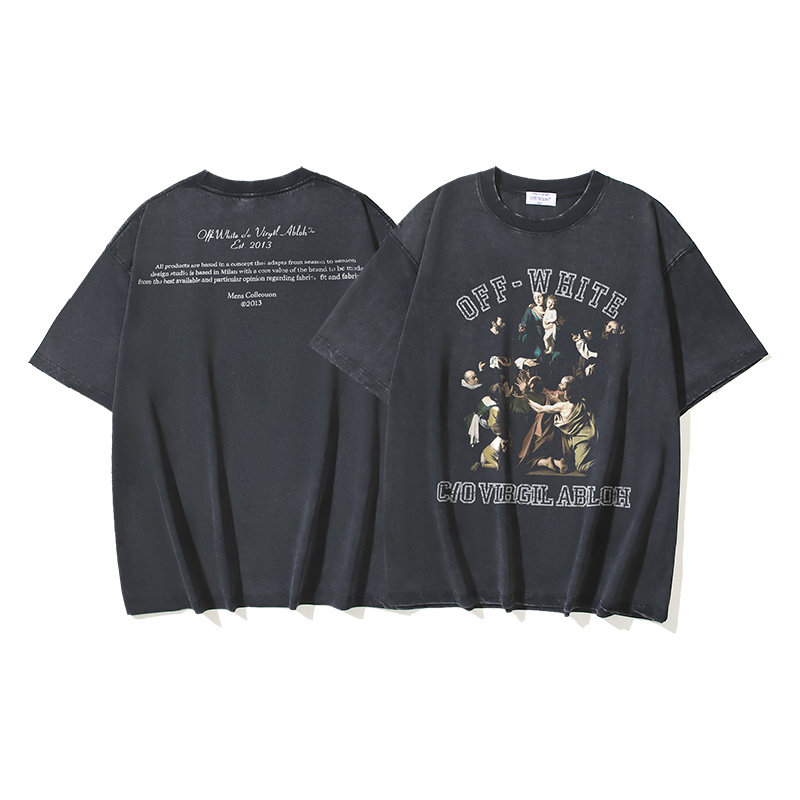 Off-White Watercolor Religious Oil Painting Letter Washed Heavyweight T-Shirt Black H120 1158