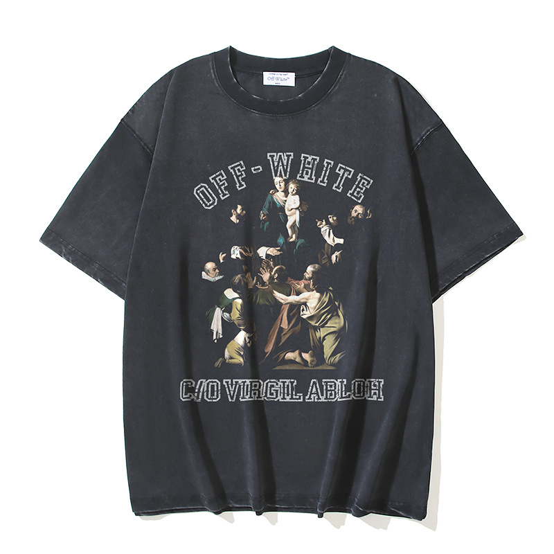 Off-White Watercolor Religious Oil Painting Letter Washed Heavyweight T-Shirt Black H120 1158