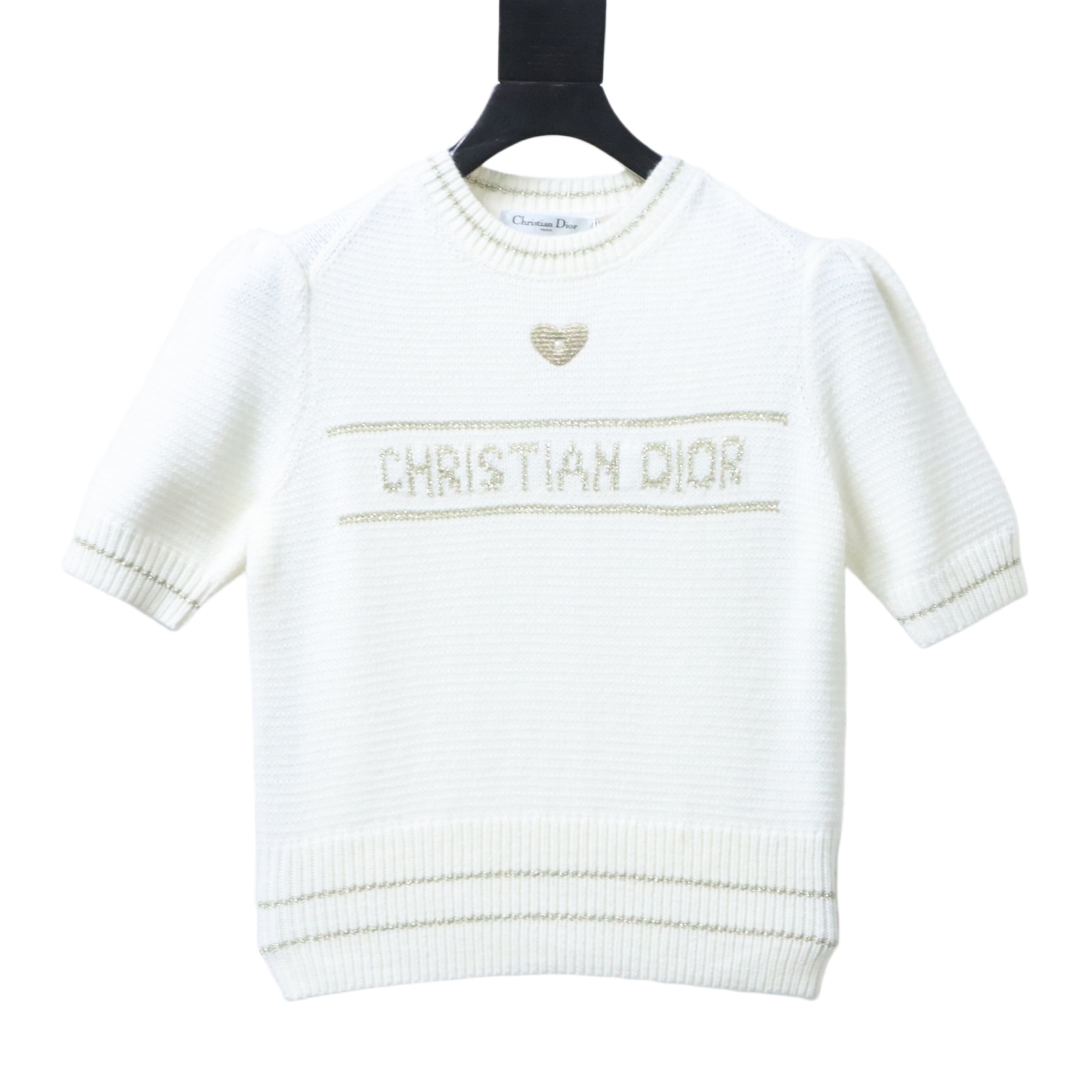 Christian Dior Heart Pearl Bubble Sleeve Knit Short Sleeve Sweater White H260