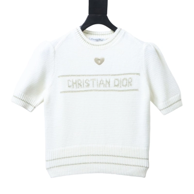 Christian Dior Heart Pearl Bubble Sleeve Knit Short Sleeve Sweater White H260 01