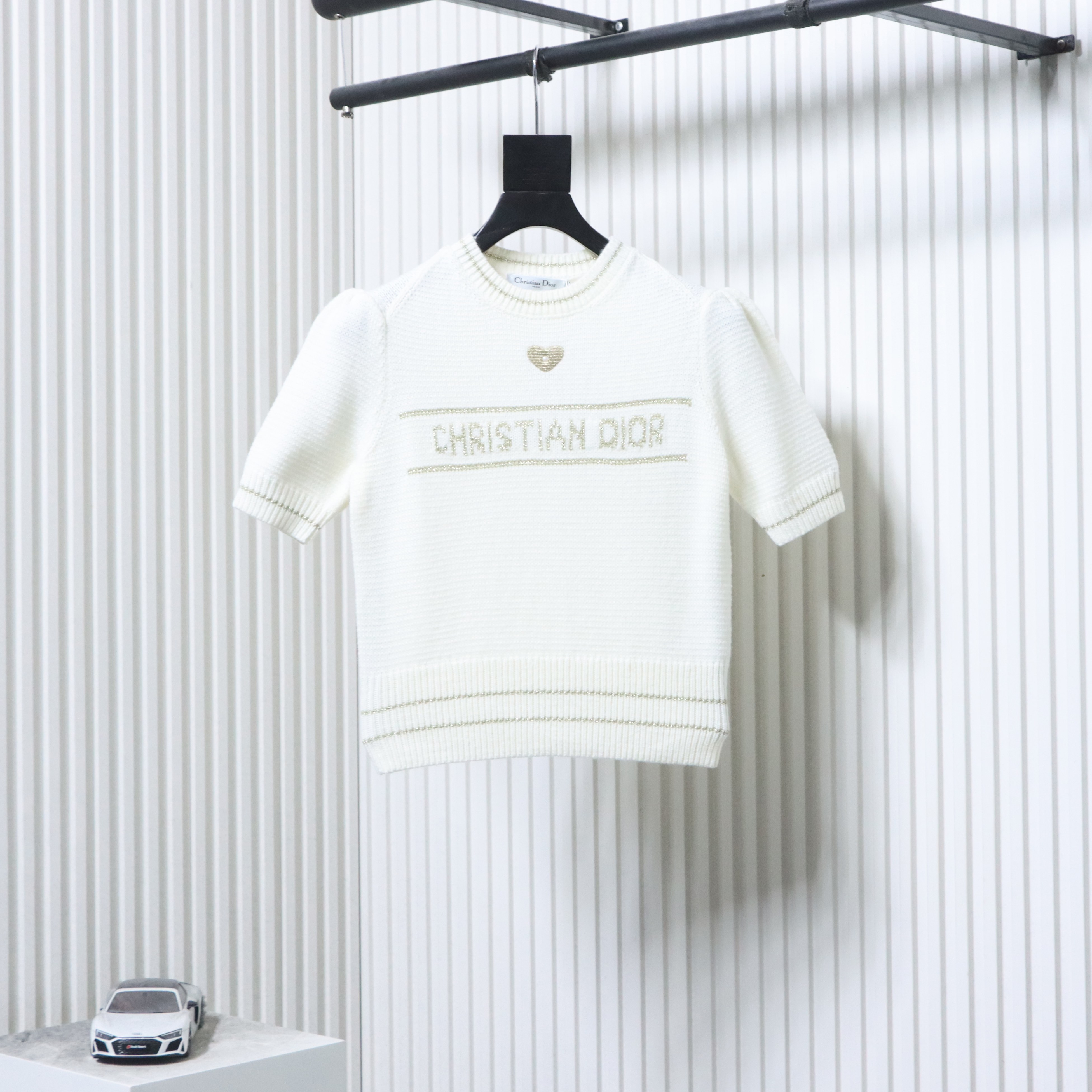 Christian Dior Heart Pearl Bubble Sleeve Knit Short Sleeve Sweater White H260