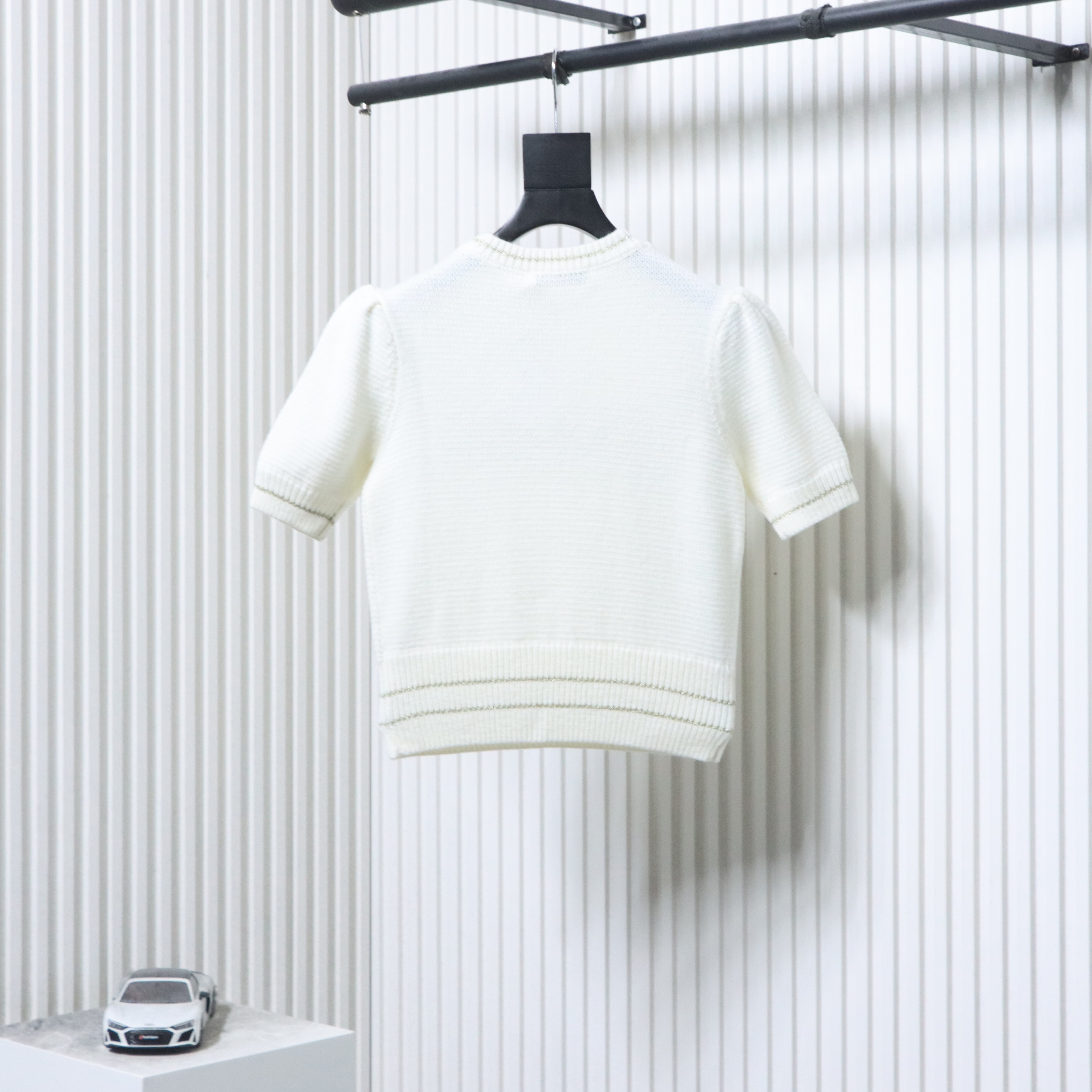 Christian Dior Heart Pearl Bubble Sleeve Knit Short Sleeve Sweater White H260