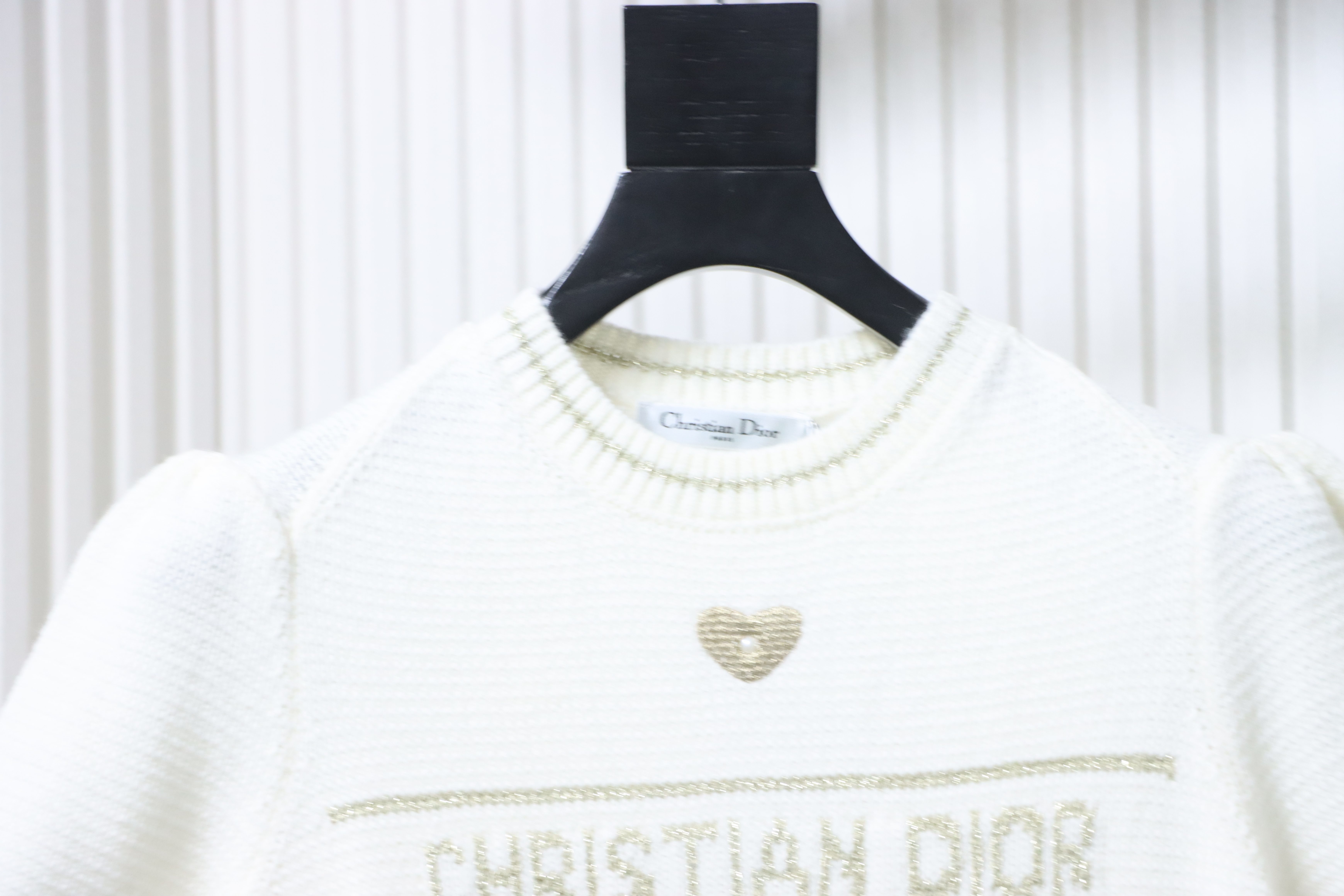 Christian Dior Heart Pearl Bubble Sleeve Knit Short Sleeve Sweater White H260