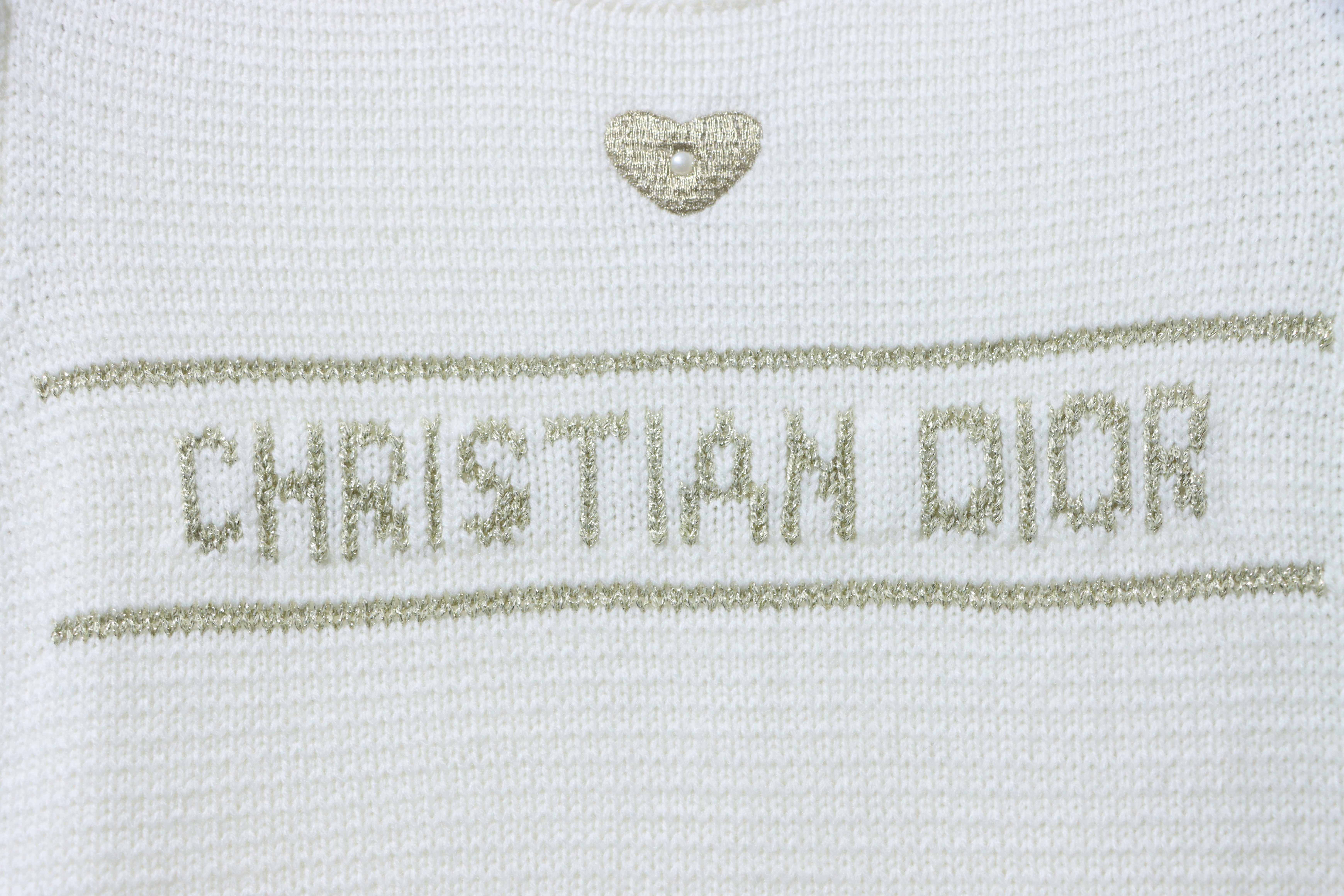Christian Dior Heart Pearl Bubble Sleeve Knit Short Sleeve Sweater White H260