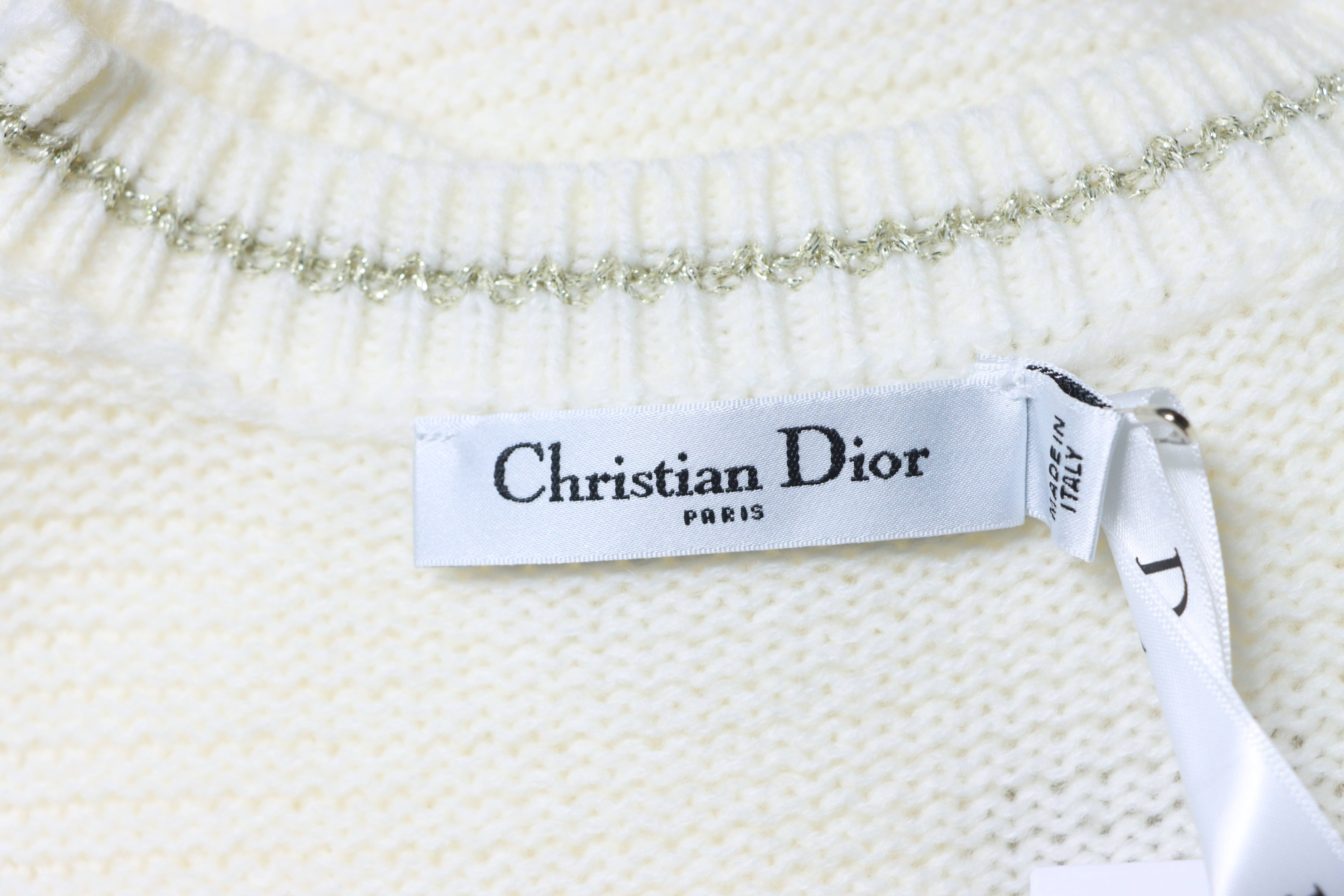 Christian Dior Heart Pearl Bubble Sleeve Knit Short Sleeve Sweater White H260