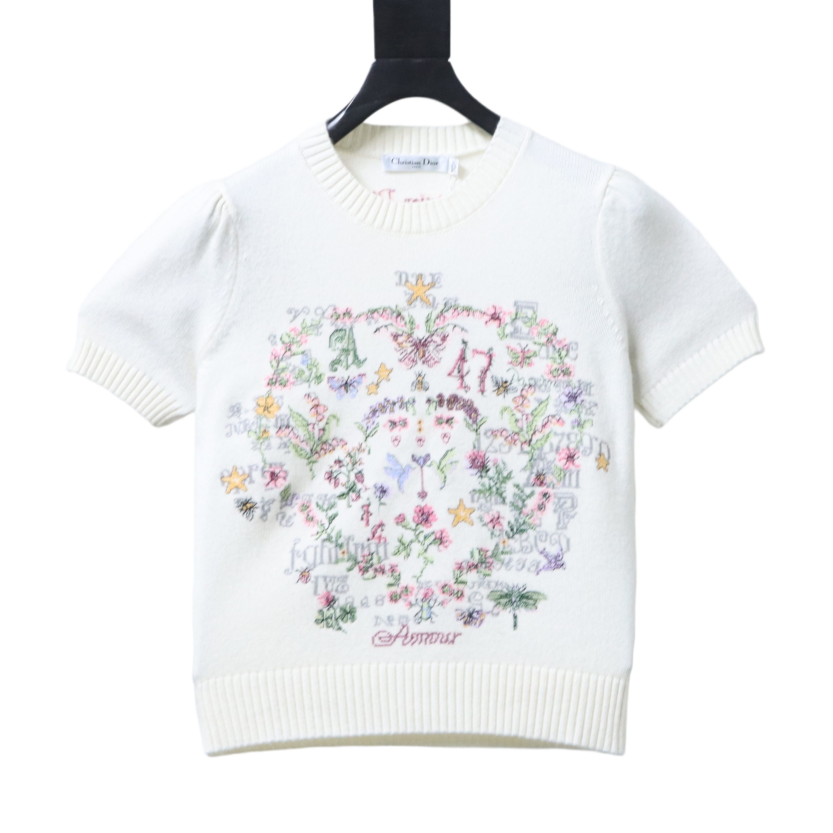 Christian Dior Monet Garden Cross-Stitch Cashmere Short Sleeve Sweater White H260