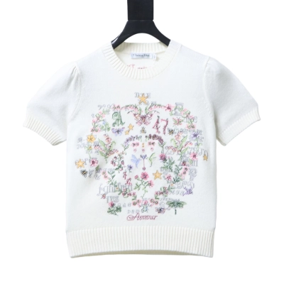 Christian Dior Monet Garden Cross-Stitch Cashmere Short Sleeve Sweater White H260 01