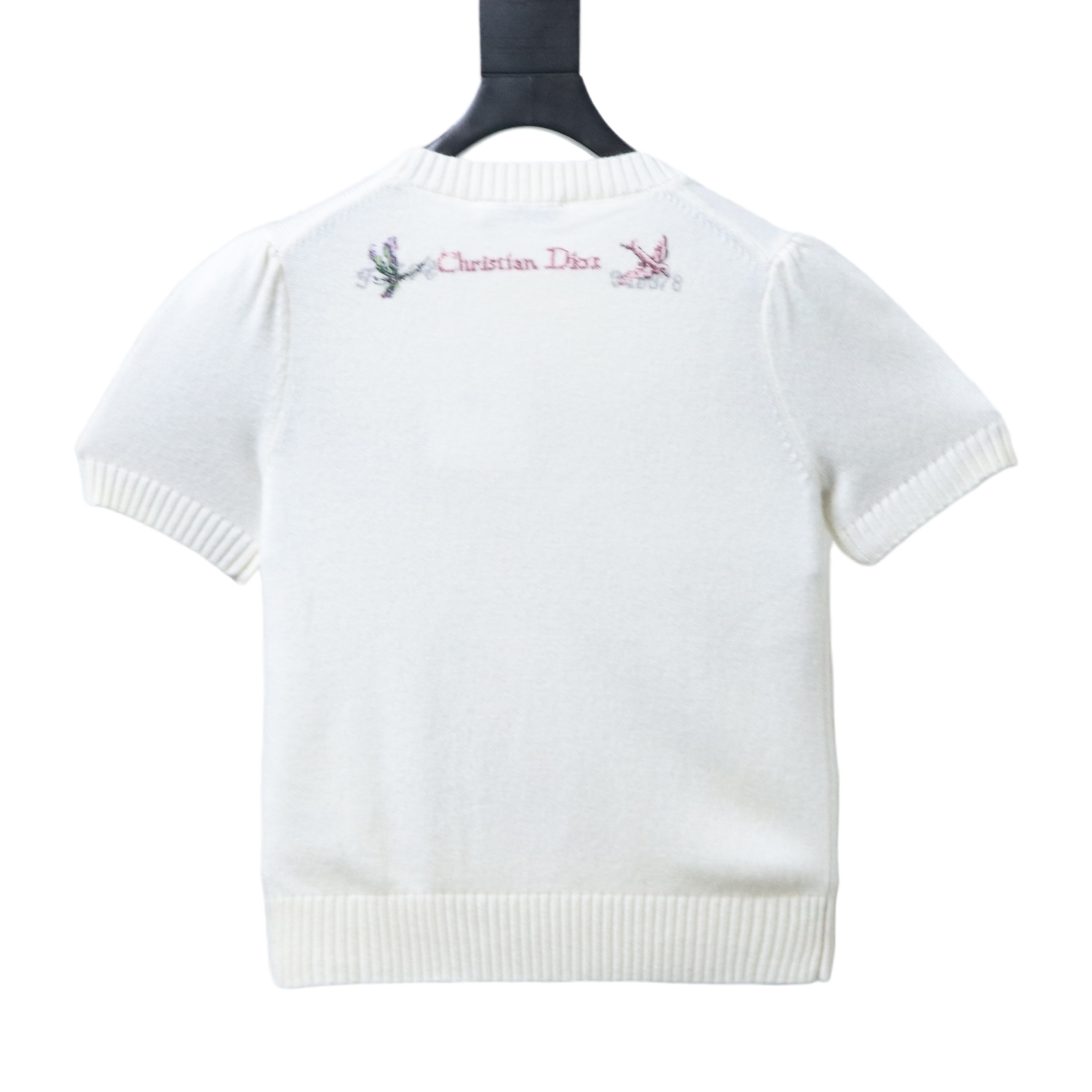 Christian Dior Monet Garden Cross-Stitch Cashmere Short Sleeve Sweater White H260
