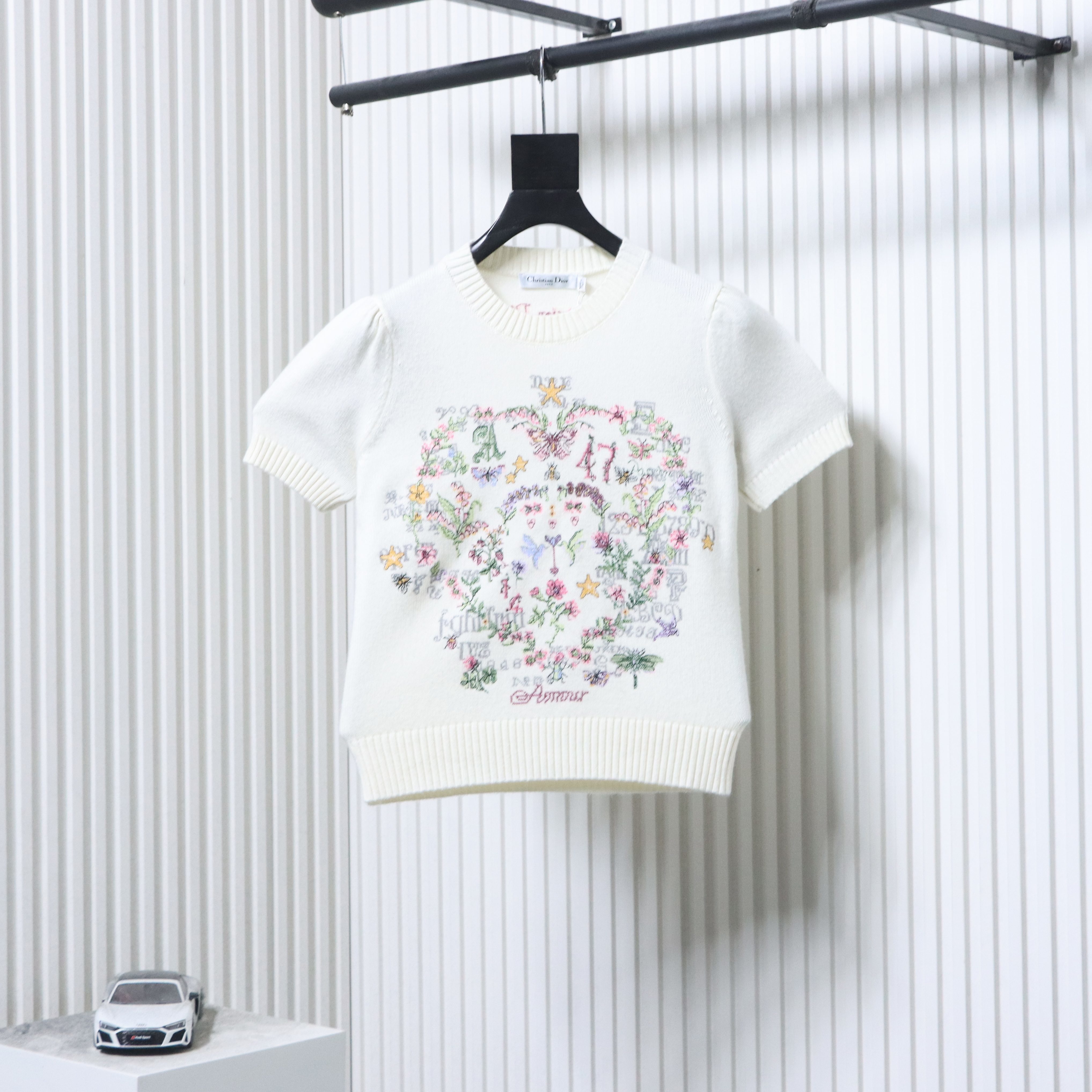 Christian Dior Monet Garden Cross-Stitch Cashmere Short Sleeve Sweater White H260