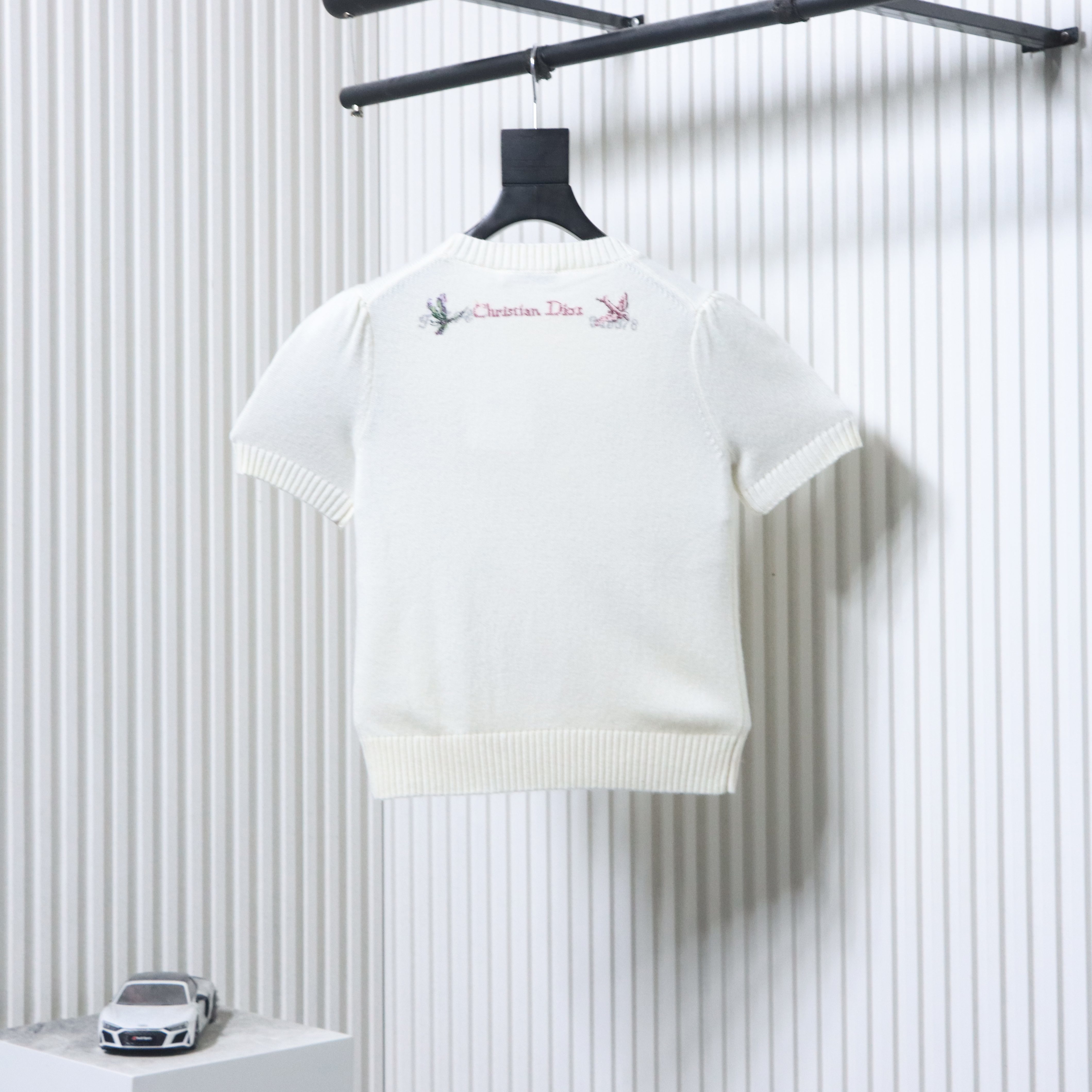 Christian Dior Monet Garden Cross-Stitch Cashmere Short Sleeve Sweater White H260
