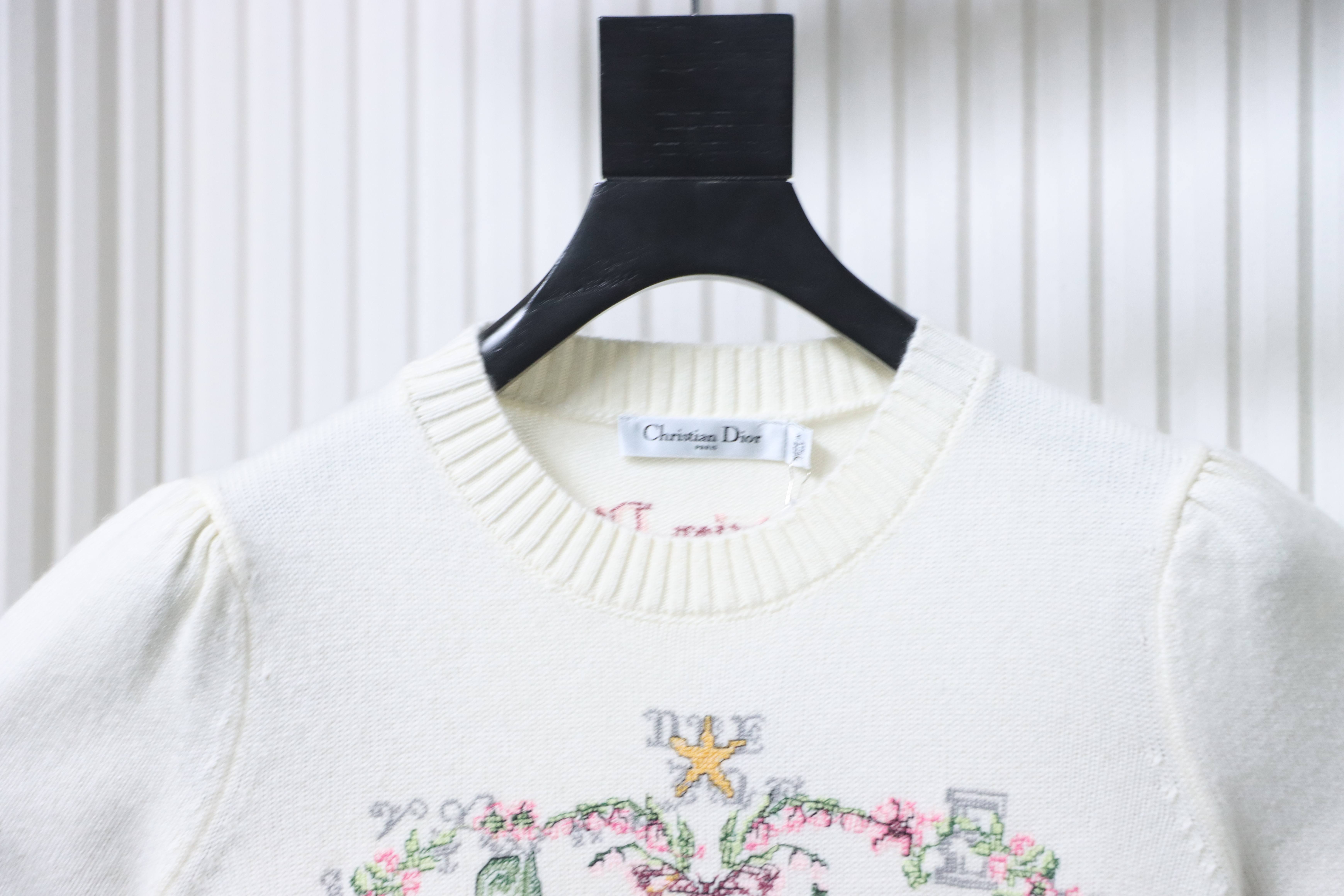 Christian Dior Monet Garden Cross-Stitch Cashmere Short Sleeve Sweater White H260