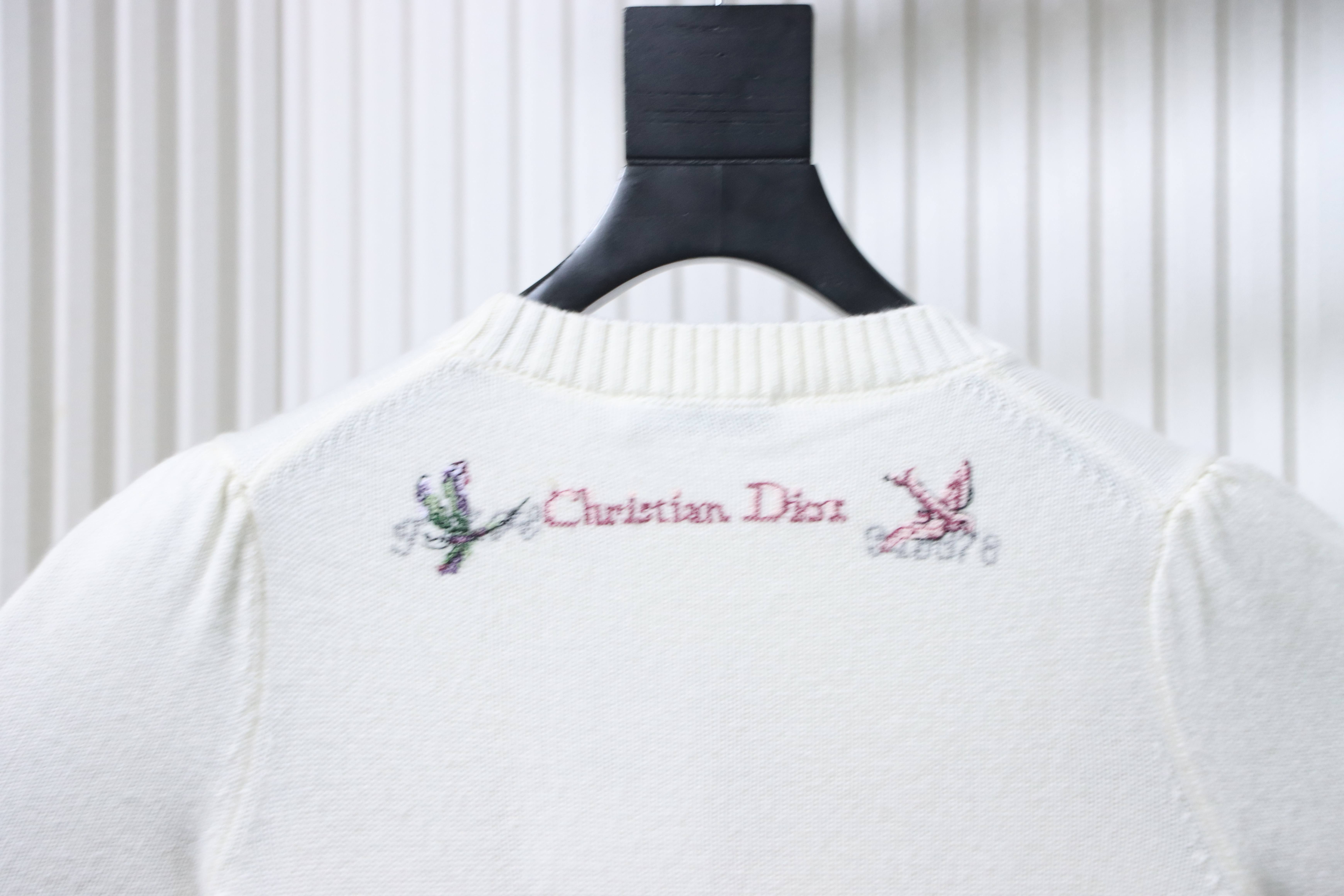 Christian Dior Monet Garden Cross-Stitch Cashmere Short Sleeve Sweater White H260