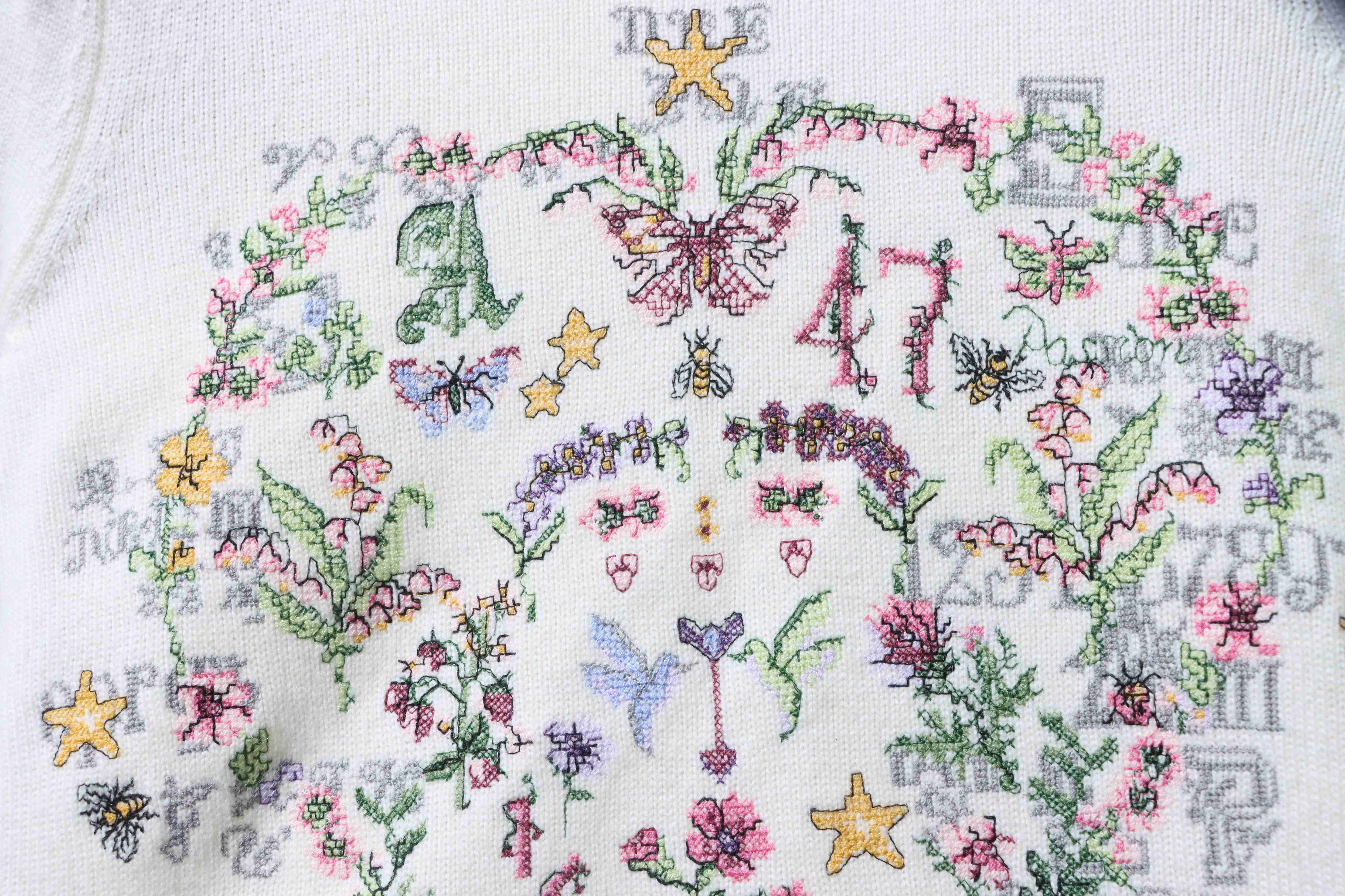 Christian Dior Monet Garden Cross-Stitch Cashmere Short Sleeve Sweater White H260