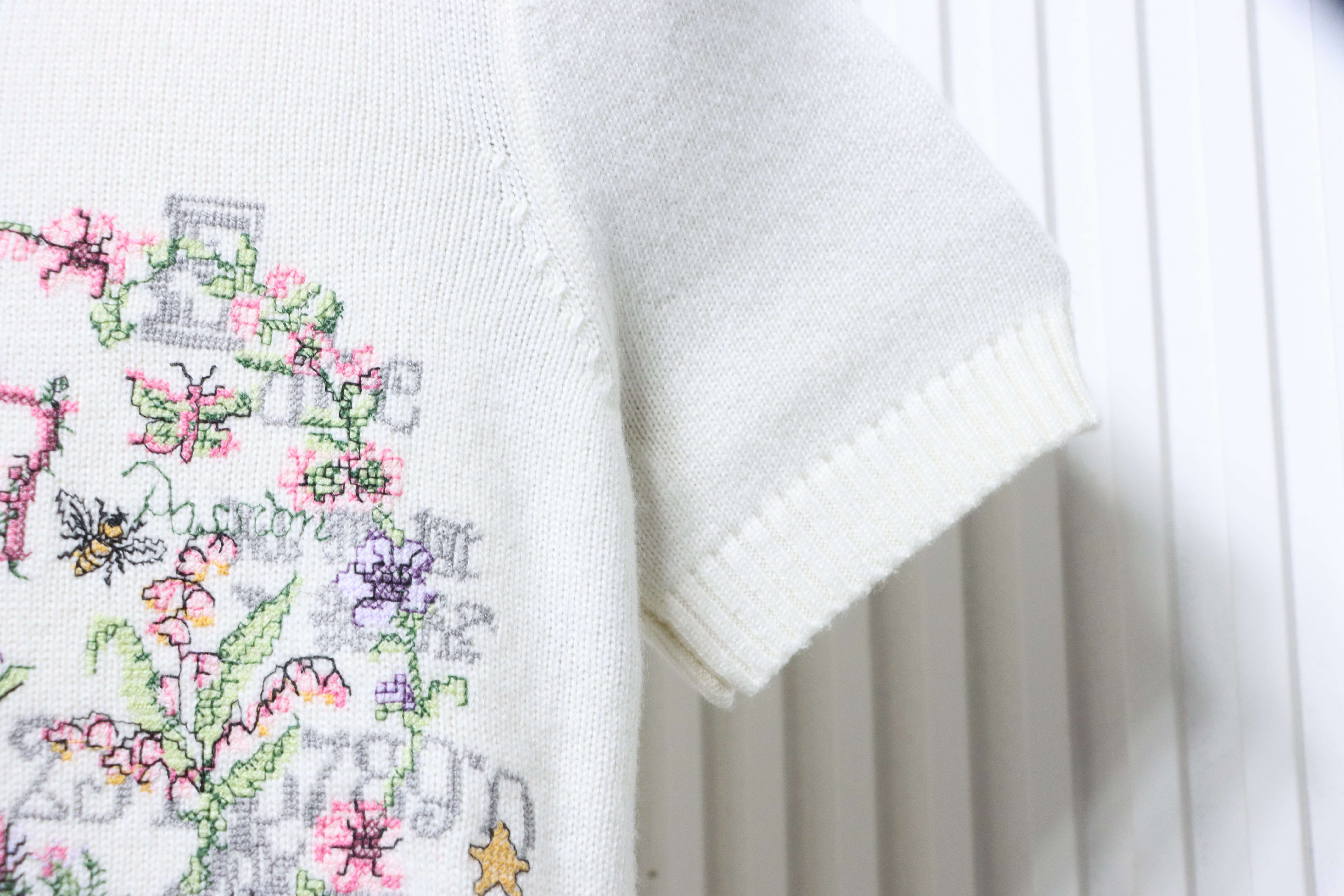 Christian Dior Monet Garden Cross-Stitch Cashmere Short Sleeve Sweater White H260