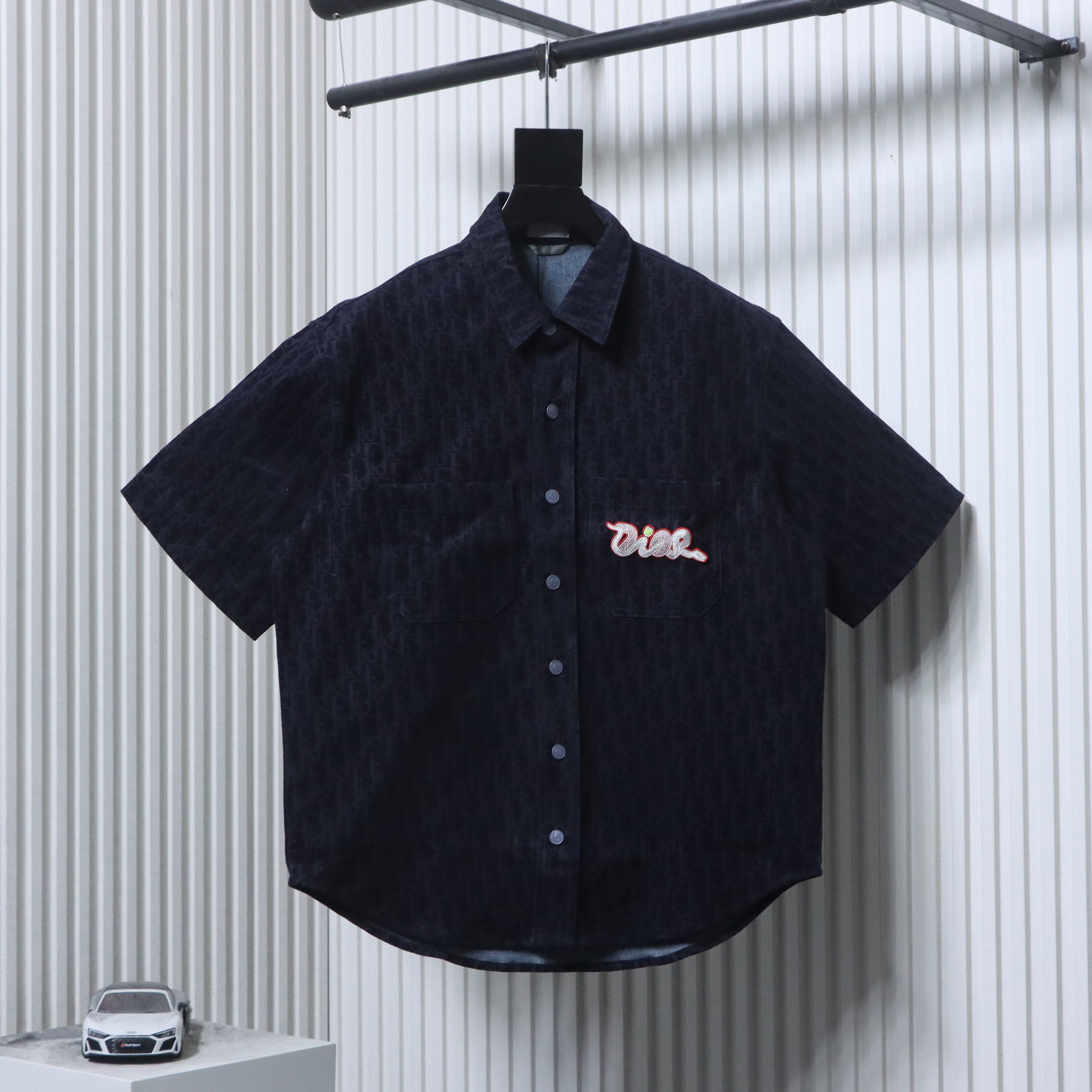 Dior 25SS Year of the Snake Flocked Monogram Embroidered Denim Shirt Navy H250