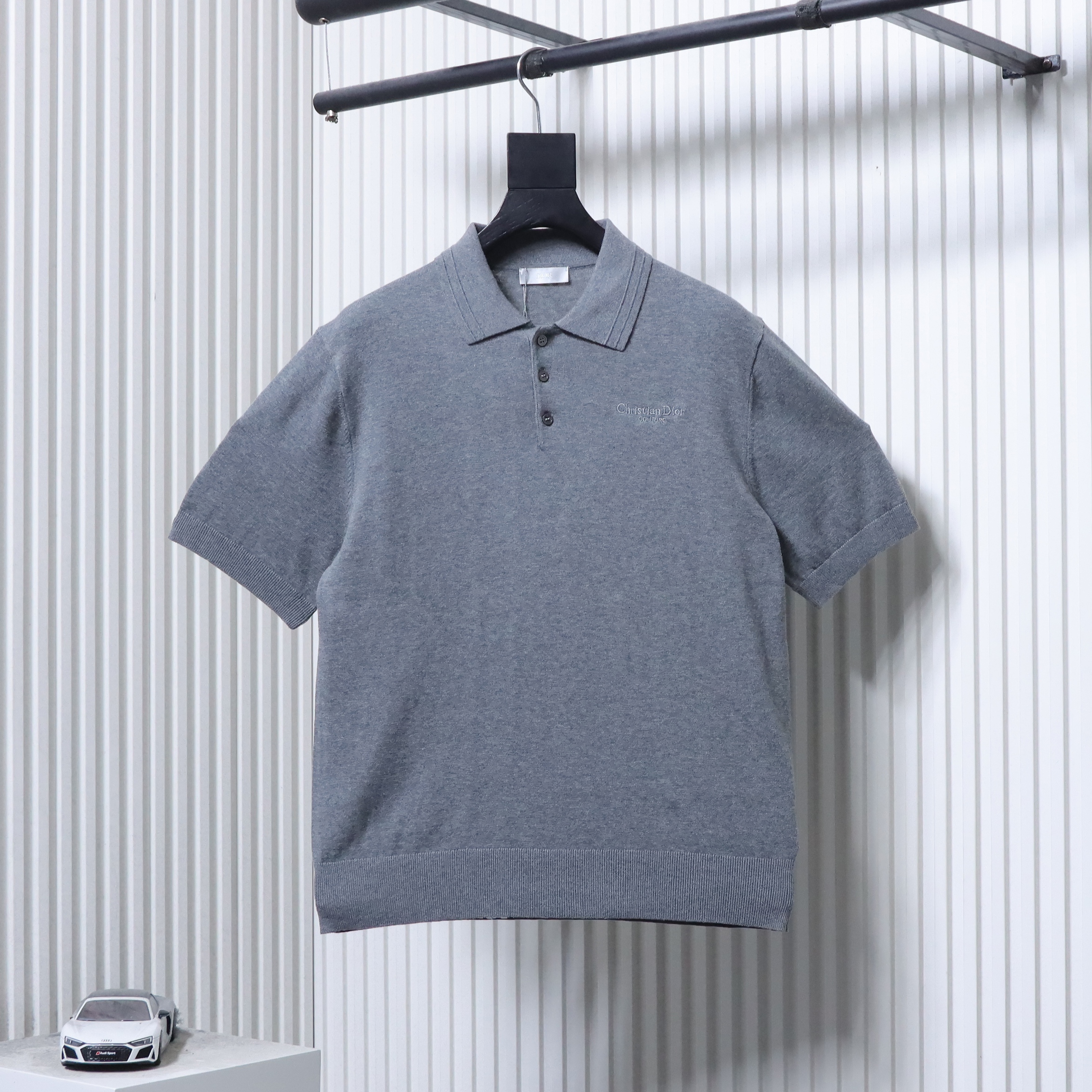 Dior Small Logo Embroidered Knit Polo Grey H210