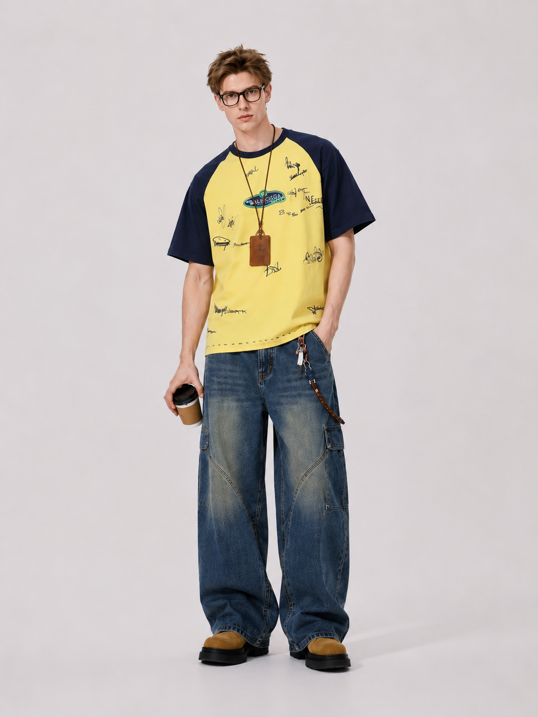 Balenciaga Yellow 26SS Signature Letter Printed Spliced T-shirt h160
