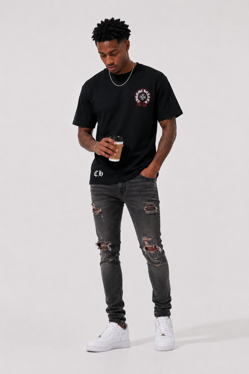 Chrome Hearts 26SS Pink Outline Horseshoe Print American Streetwear Oversized Short Sleeve T-Shirt Black h150