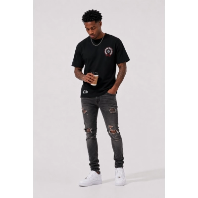 Chrome Hearts 26SS Pink Outline Horseshoe Print American Streetwear Oversized Short Sleeve T-Shirt Black h150 01