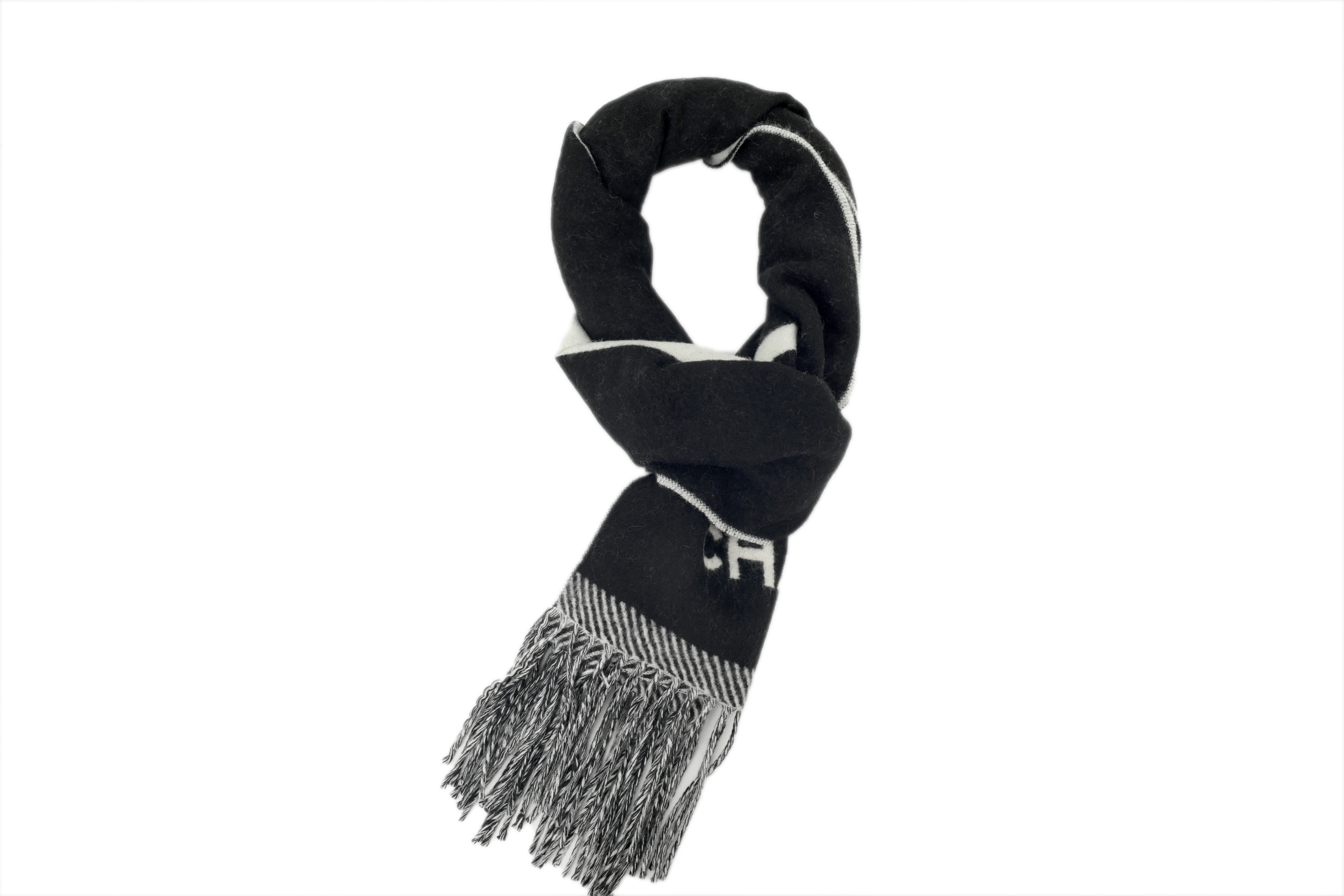 Chanel White Black Letter Logo Fringe Scarf