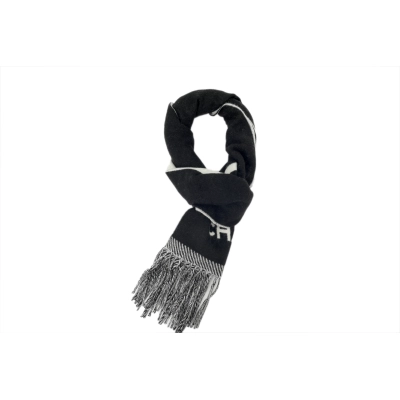 Chanel White Black Letter Logo Fringe Scarf 01