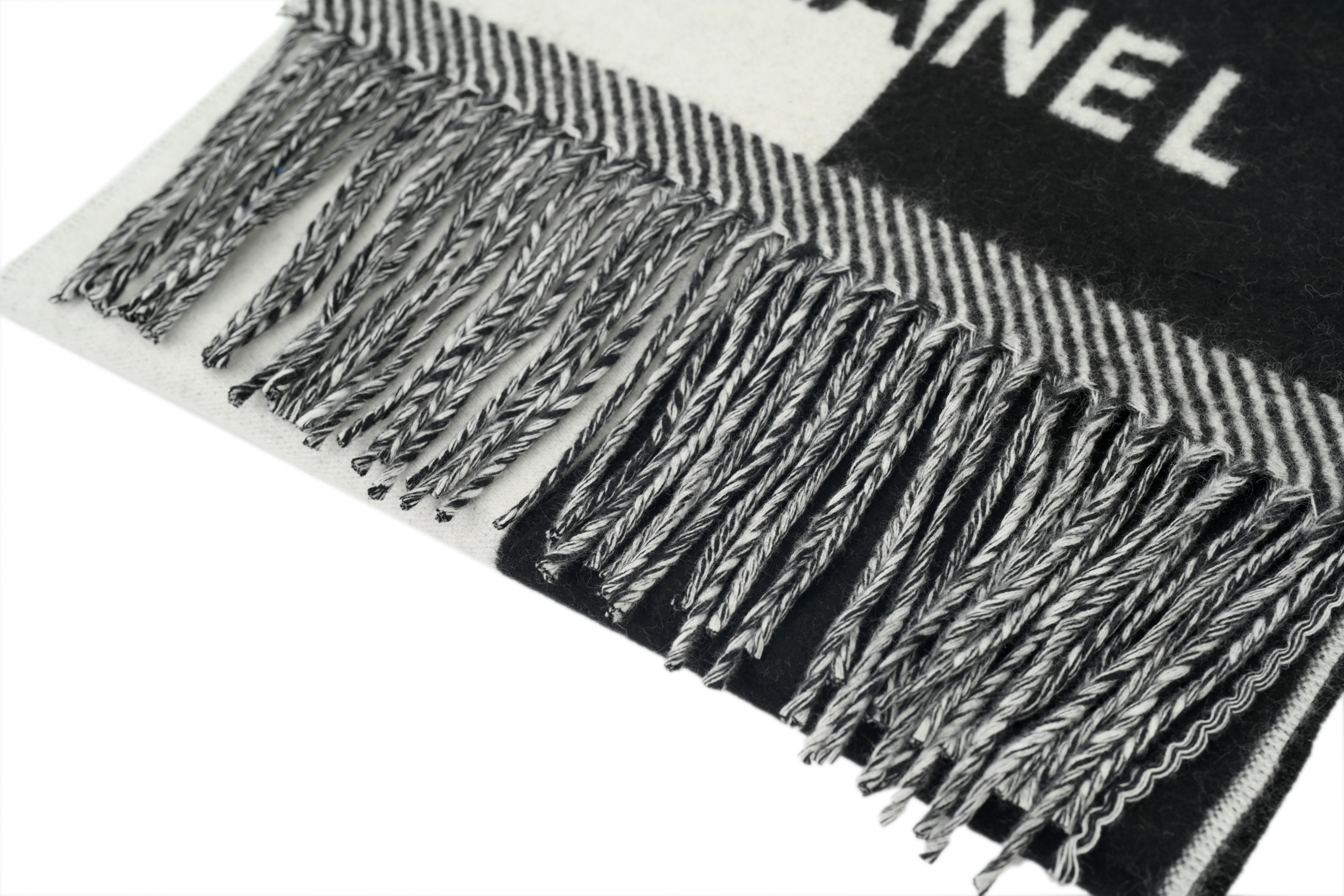 Chanel White Black Letter Logo Fringe Scarf