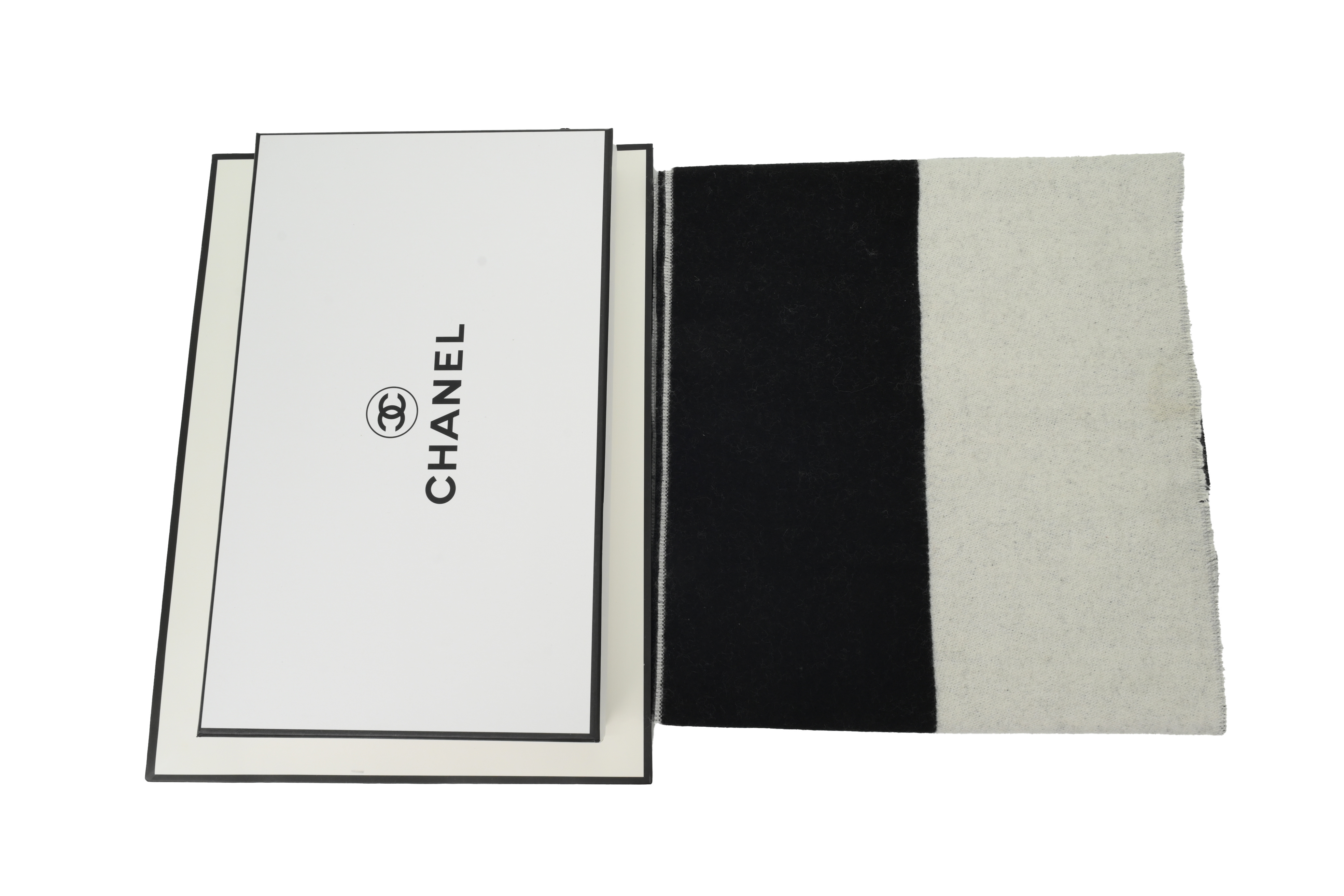 Chanel White Black Letter Logo Fringe Scarf