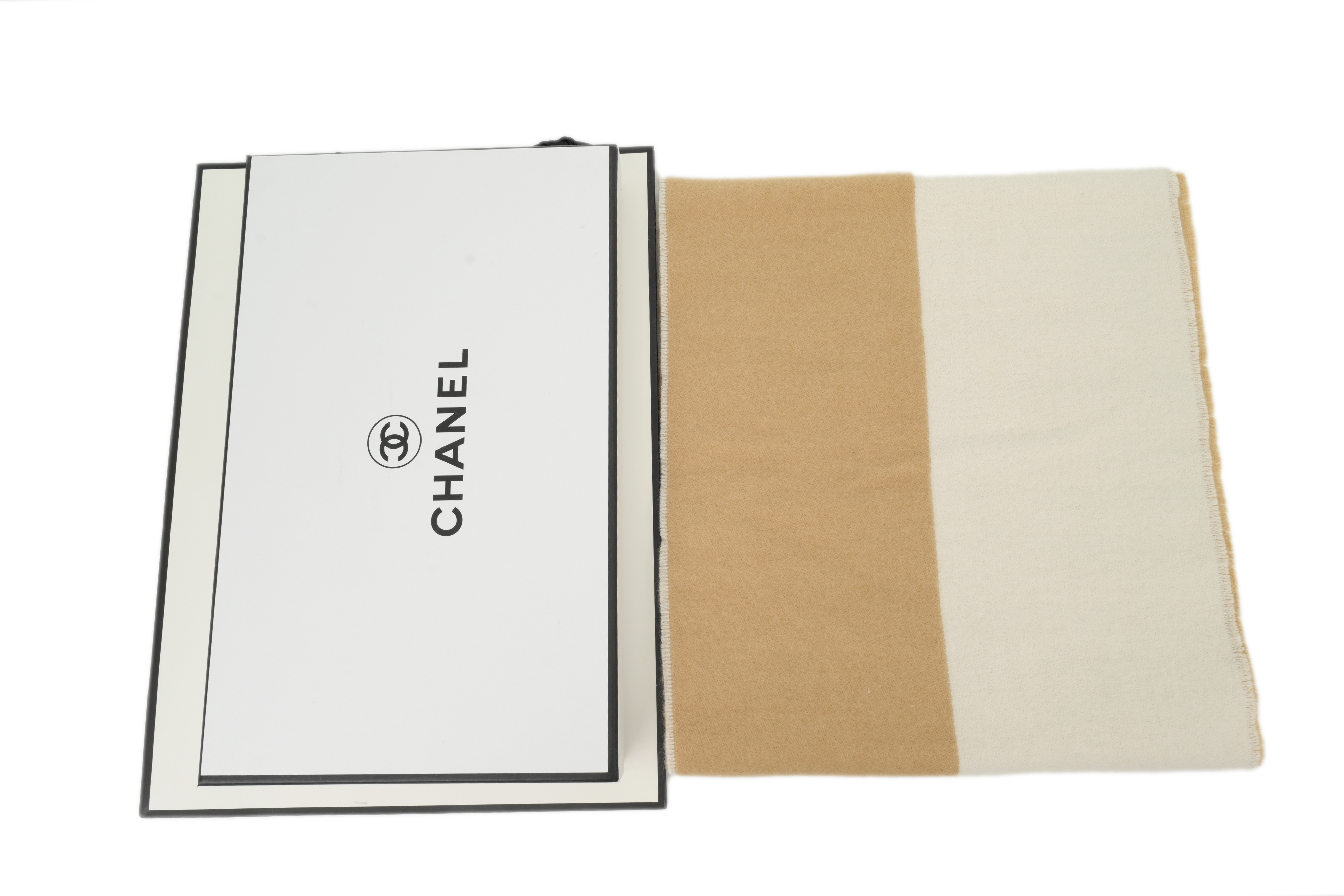 Chanel White Brown Letter Logo Fringe Scarf