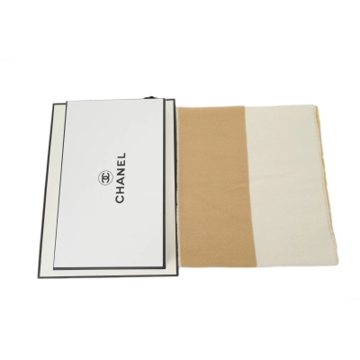Chanel White Brown Letter Logo Fringe Scarf 02