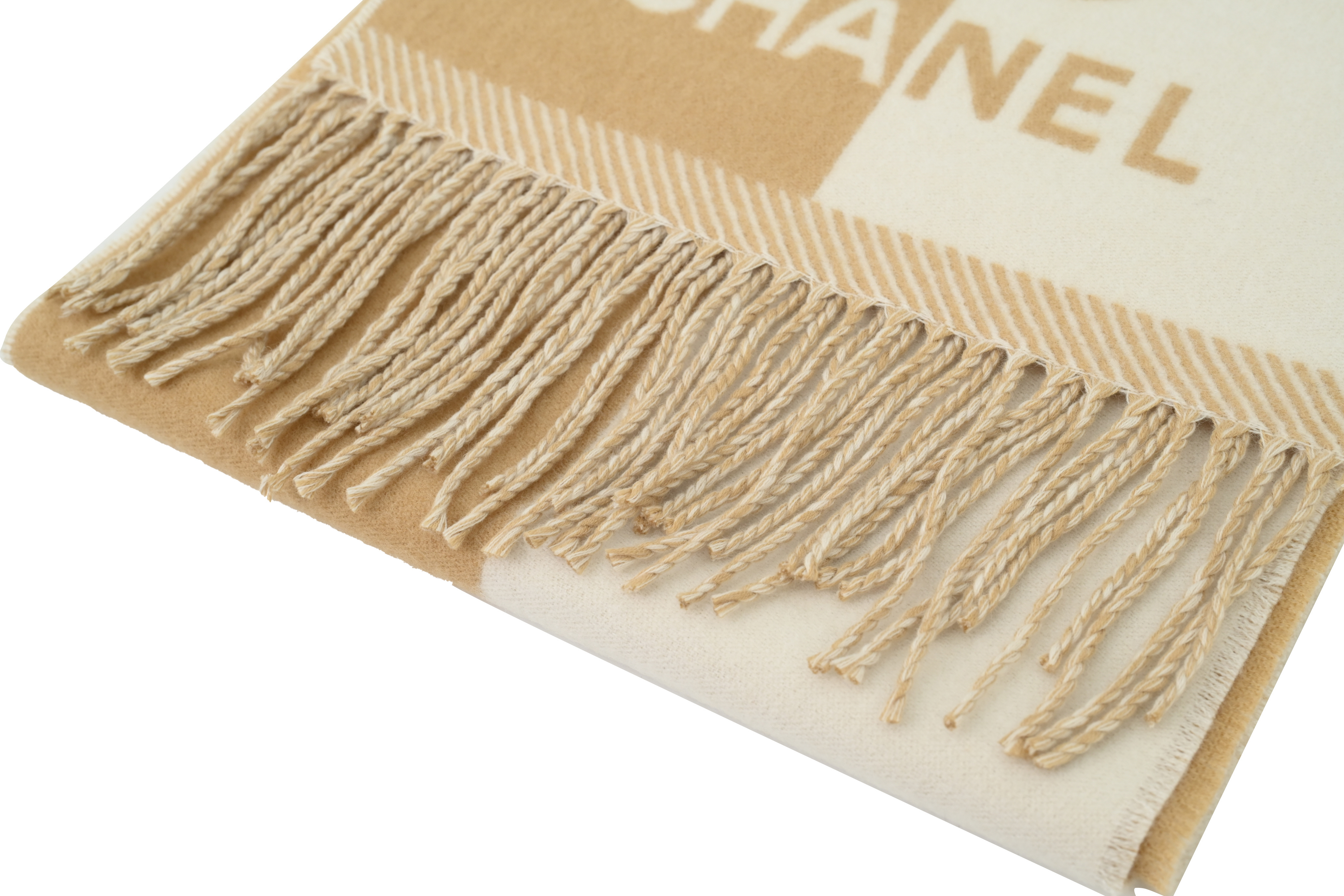 Chanel White Brown Letter Logo Fringe Scarf