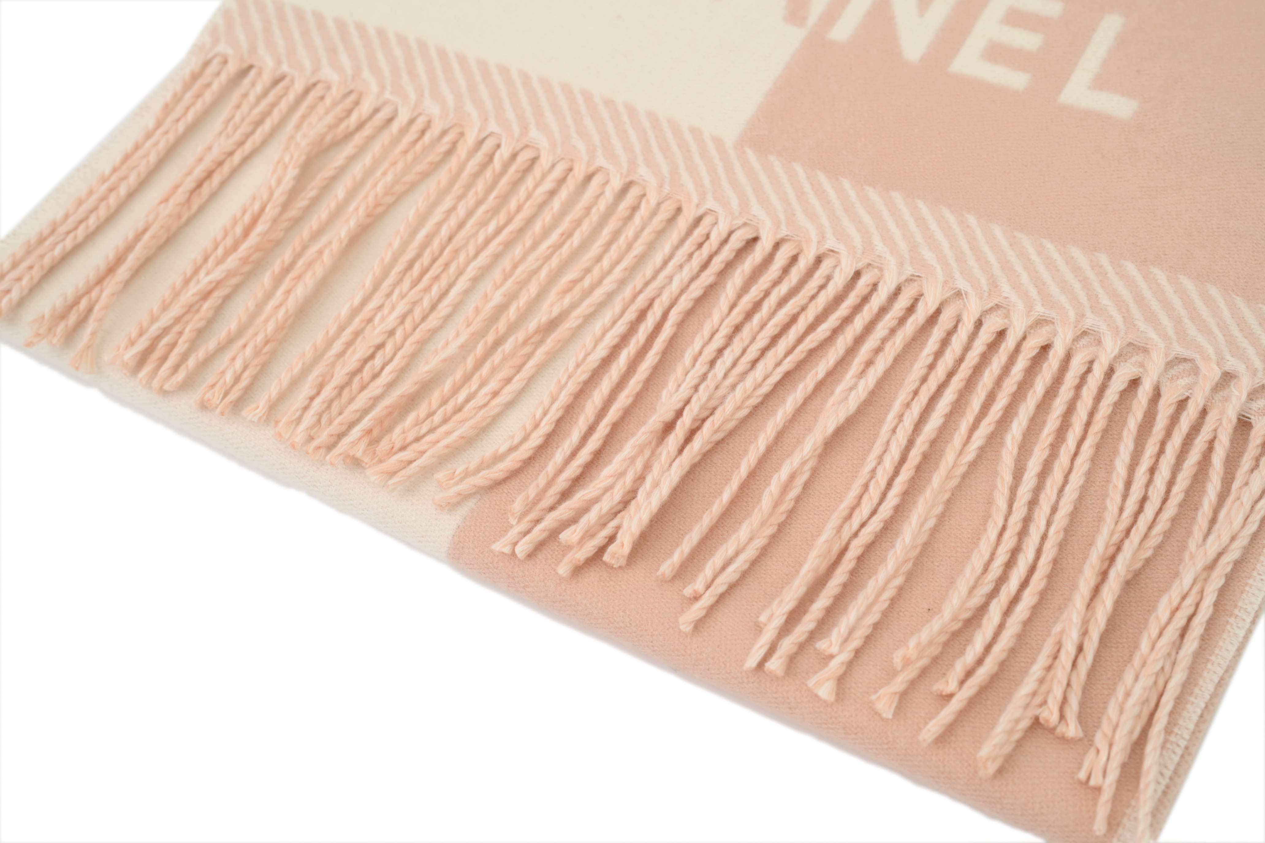 Chanel White Pink Letter Logo Fringe Scarf