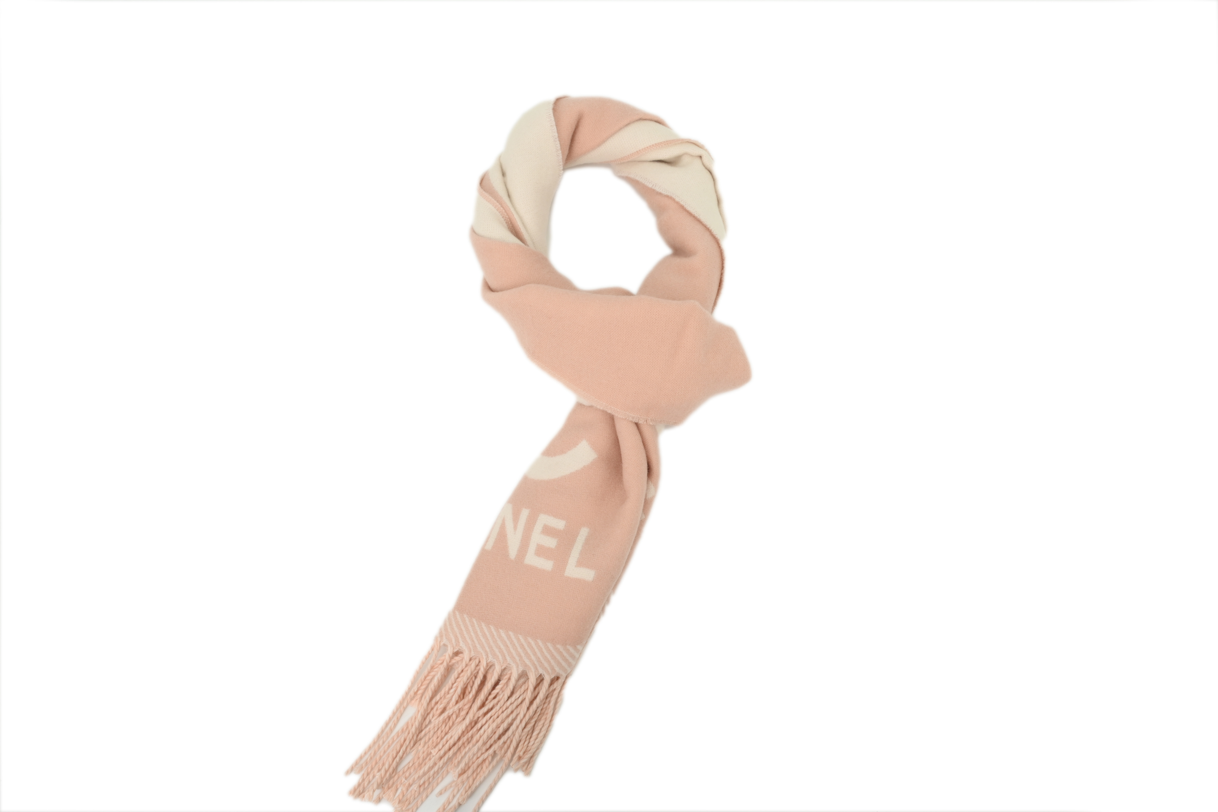 Chanel White Pink Letter Logo Fringe Scarf