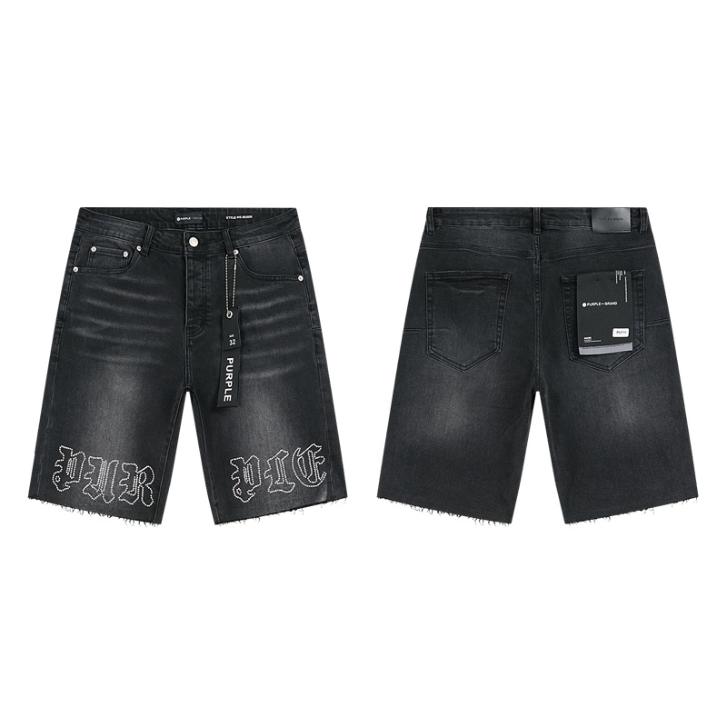 Purple Brand Letter Print Denim Shorts Black PU516