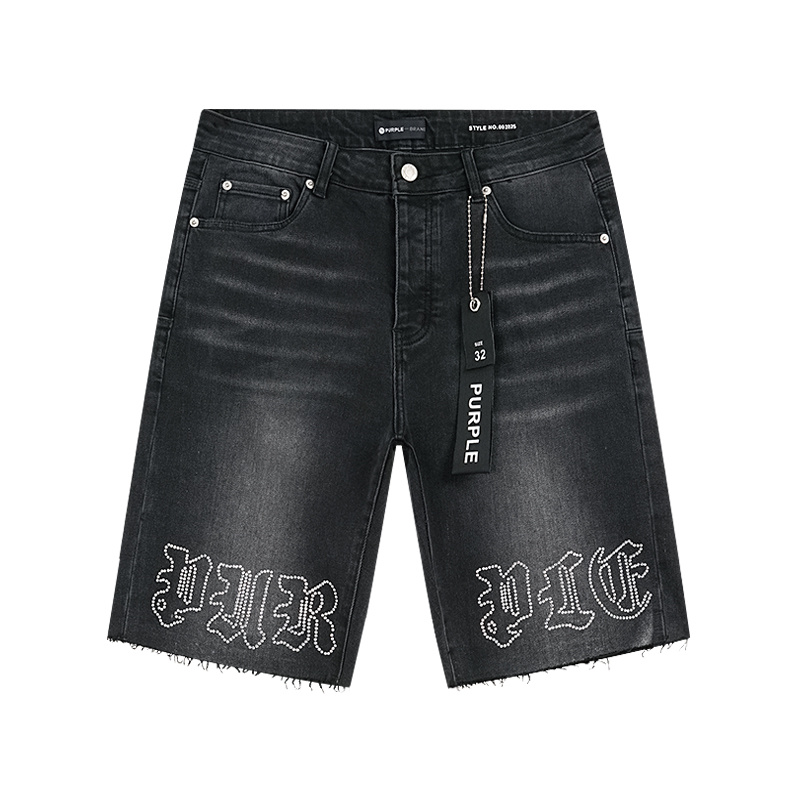 Purple Brand Letter Print Denim Shorts Black PU516