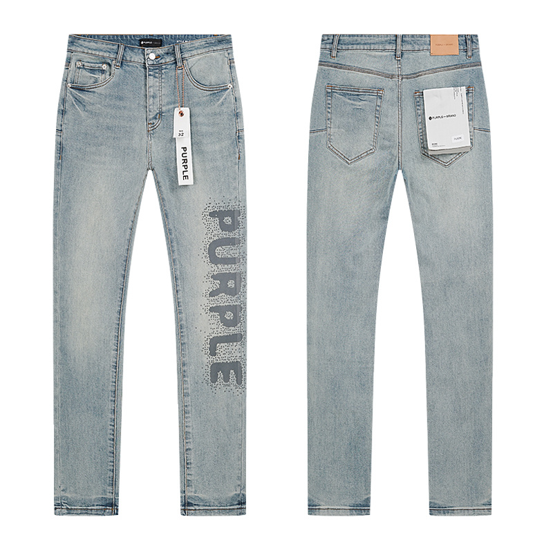 Purple Brand Letter Print Slim Fit Denim Jeans Light Blue PU826