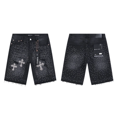Purple Brand Rhinestone Cross Denim Shorts Black PU529 01