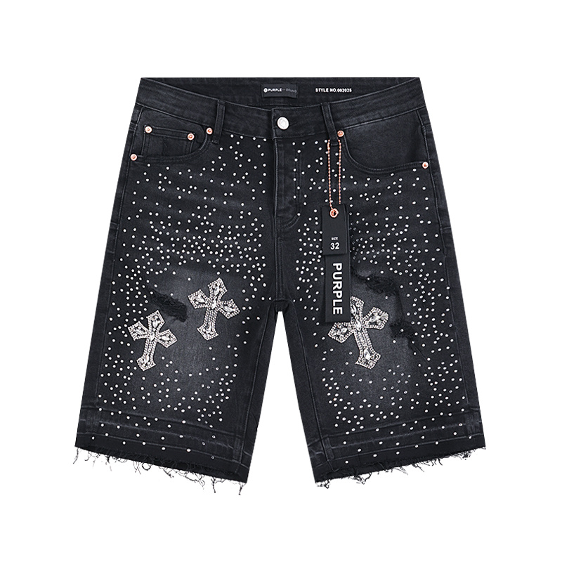 Purple Brand Rhinestone Cross Denim Shorts Black PU529