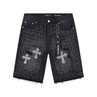 Purple Brand Rhinestone Cross Denim Shorts Black PU529 02